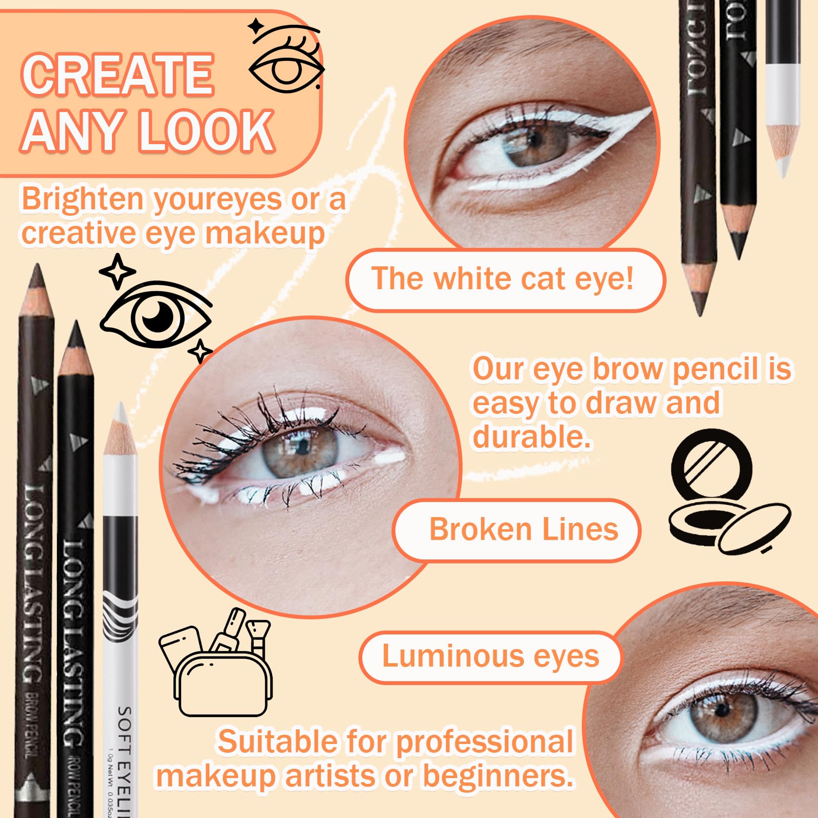 LJYBoBin 12PCS Eyeliner Pencil,Black White Dark Brown Waterproof Eyeliner Pencil Pen Set,Smudge-proof Long Lasting Matte Eye Lin