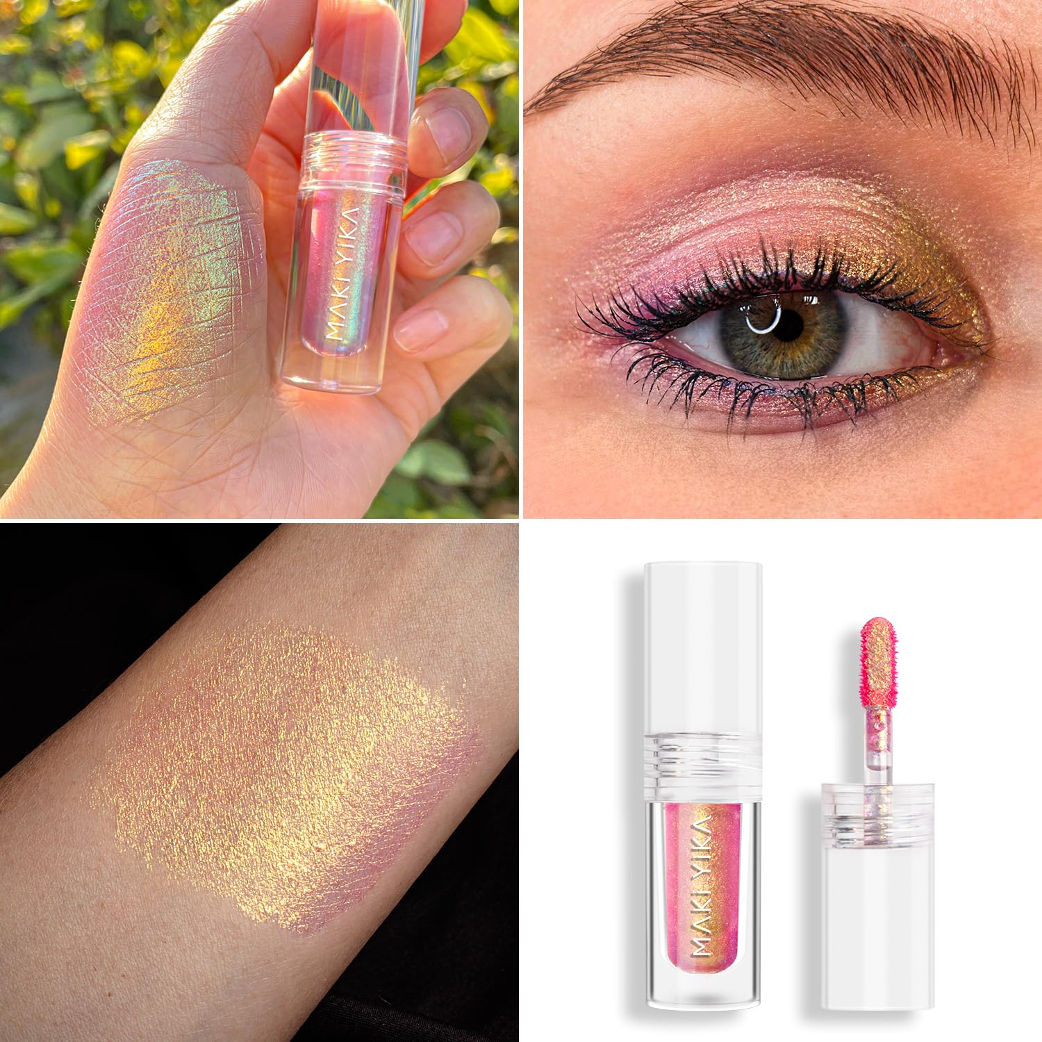 Maki Yika Glitter Eyeshadow Gold Liquid Multichrome Eyeshadows Long Lasting, Metallic Chameleon Eye Shadow Smudgeproof Holograph