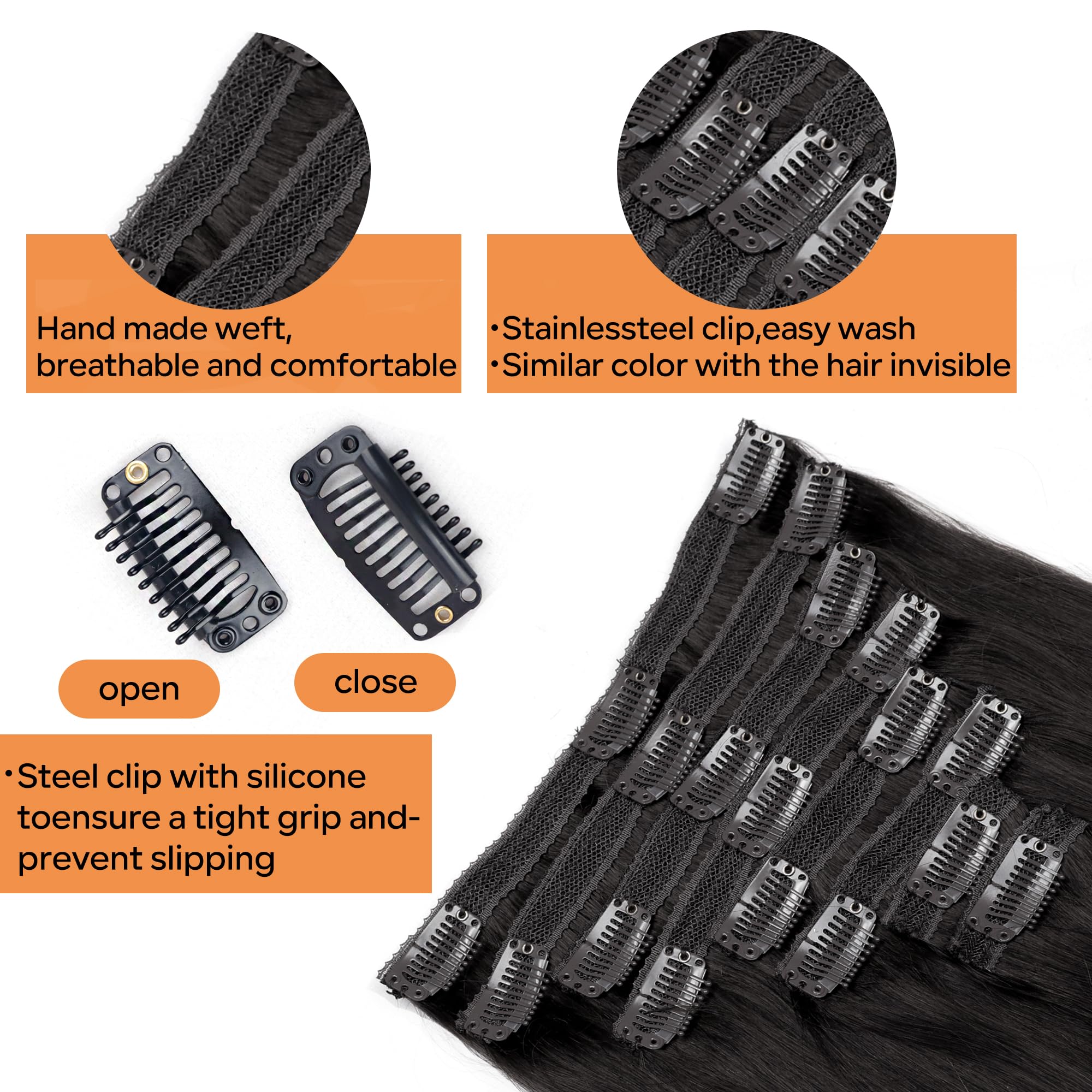 Pobokix Straight Clip In Hair Extensions Real Human Hair 8Pcs Clip In Jet Black Human Hair Extensions With 18Clips Lace Weft 120