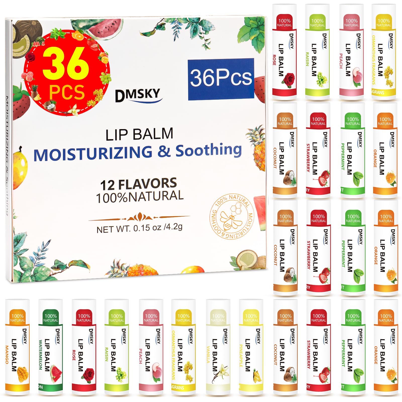 DMSKY 36 Pack Lip Balm, Natural Lip Balm Bulk with Vitamin E and Coconut Oil, Moisturizing Lip Balm for Chapped Lips, Bulk Lip B