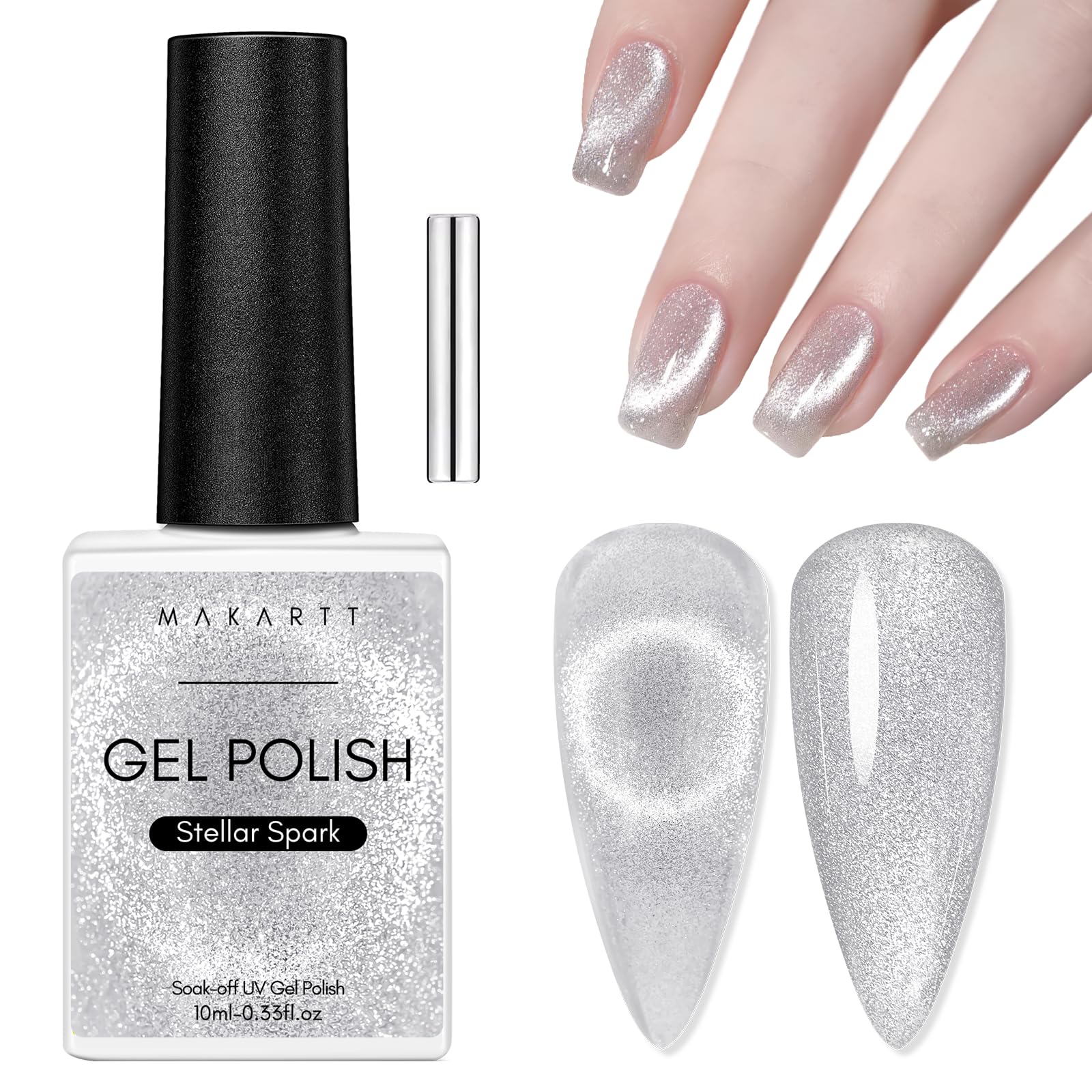 Makartt Holographic Cat Eye Gel Nail Polish,Universal Silver Glitter Nail Polish Shiny Glitter Nail Gel With Magnet Stick Shiny