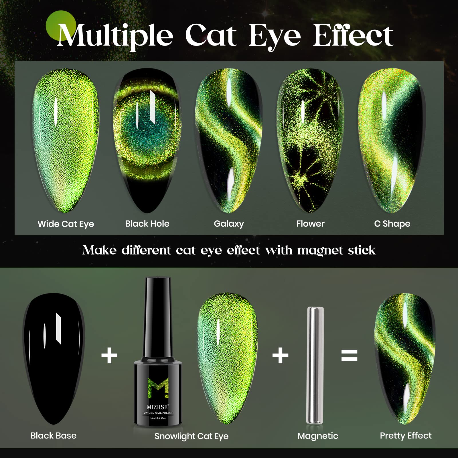 Mizhse 9D Cat Eye Gel Nail Polish 10Ml, Christmas Holographic Galaxy Cateye Magnetic Nail Polish Gel, Magic Chameleon Manicure S
