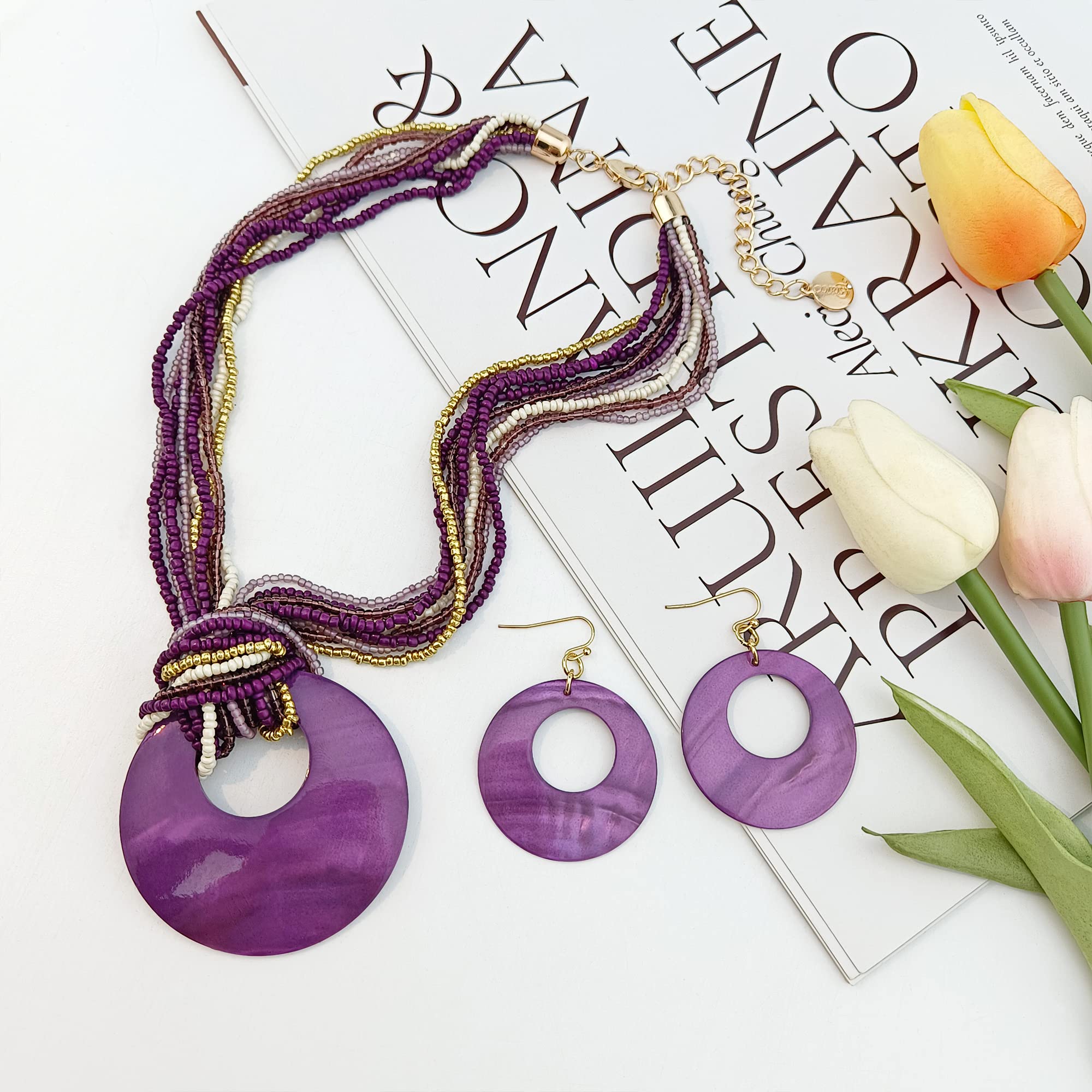 Coiris Multi Strand Statement Colorful Beaded Necklace with Big Circle Shell Pendant for Women (N0055-Purple)