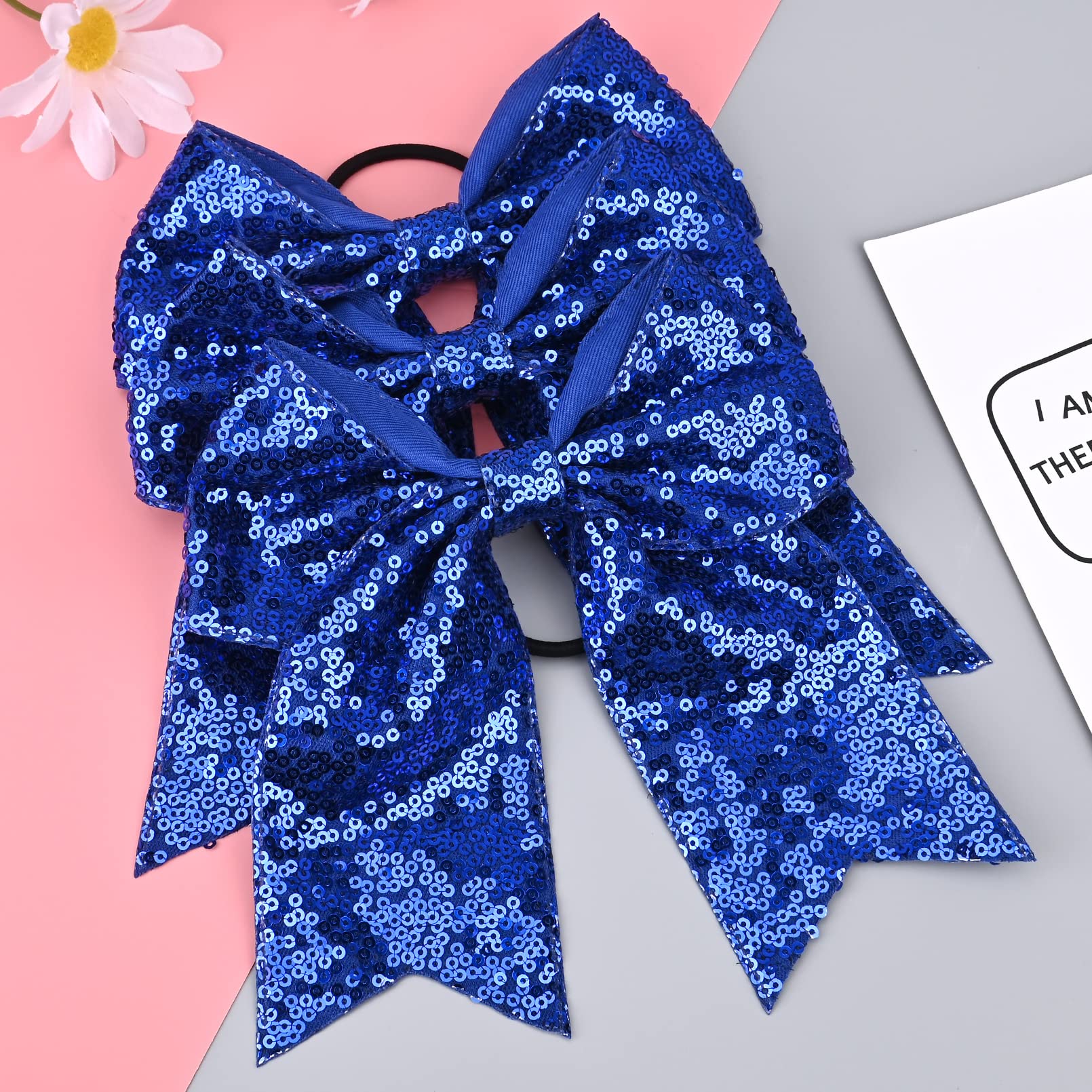 12 Pcs 8'' Large Glitter Cheer Bows Blue Girl Hair Bows Sparkly Cheerleading Softball Team Bow Hair Accessories For Cheerleaders