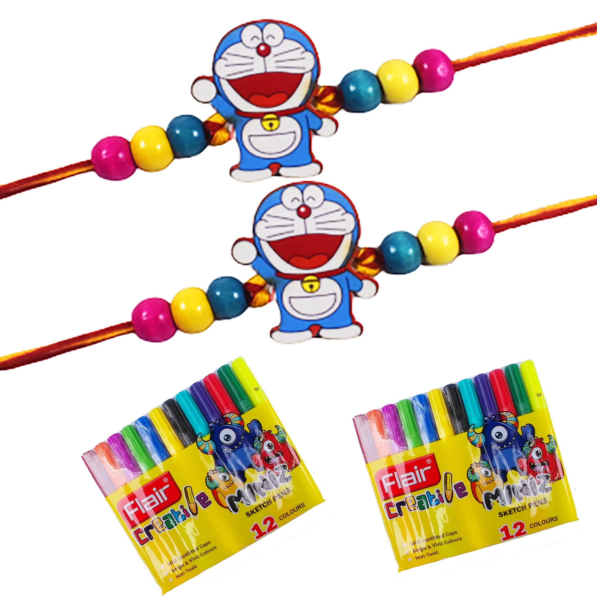 Urvi Creations Set Of 2 Latest Cartoon Charecter Kids Rakhi With 2 Pcs Sketch Colour Set For Kids Brother Little Girls Rakshaban