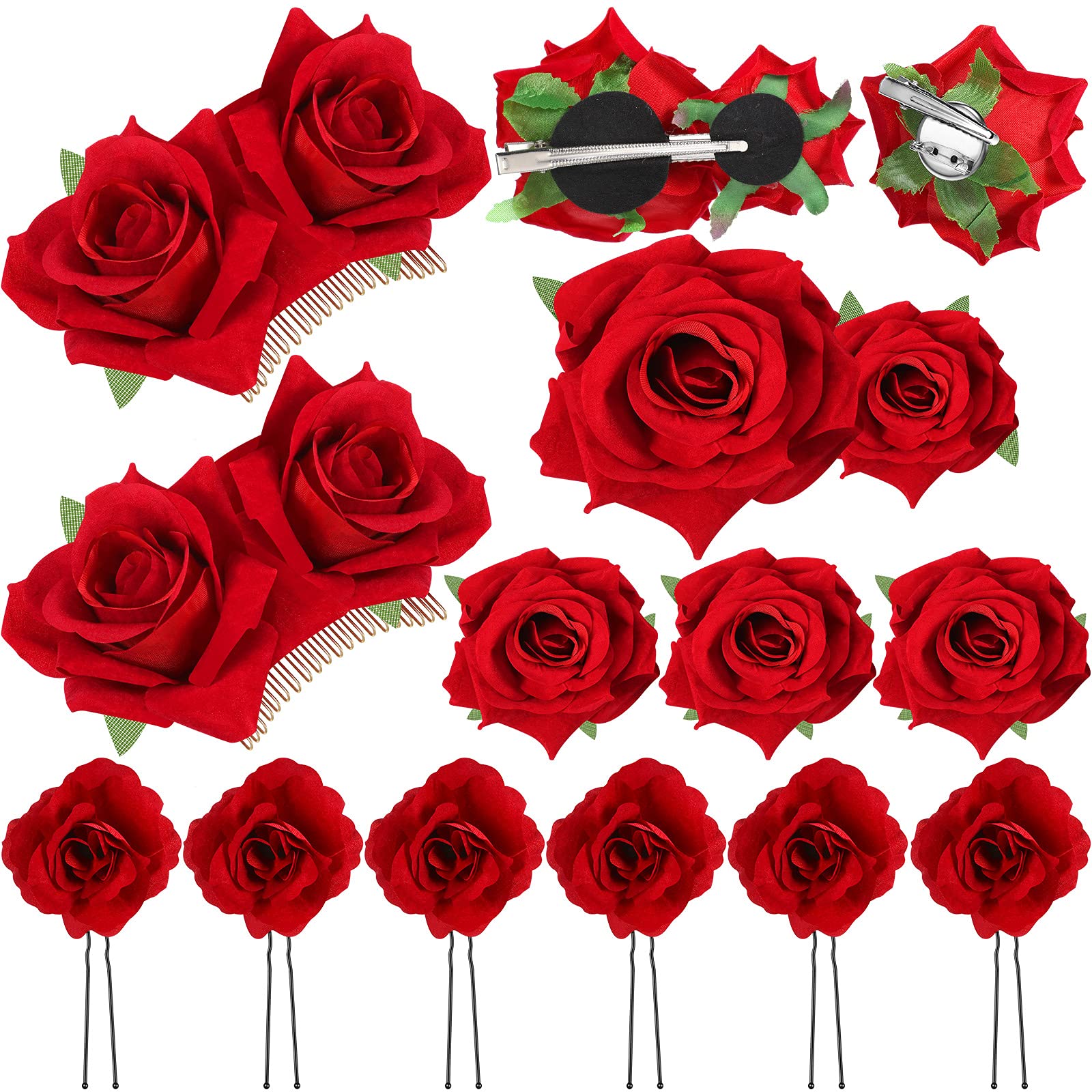 12 Pieces Rose Flower Hair Clip Rose Bridal Hair Pins Rose Brooch Wedding Hair Accessories for Women Girl Party Flamenco Dancer 