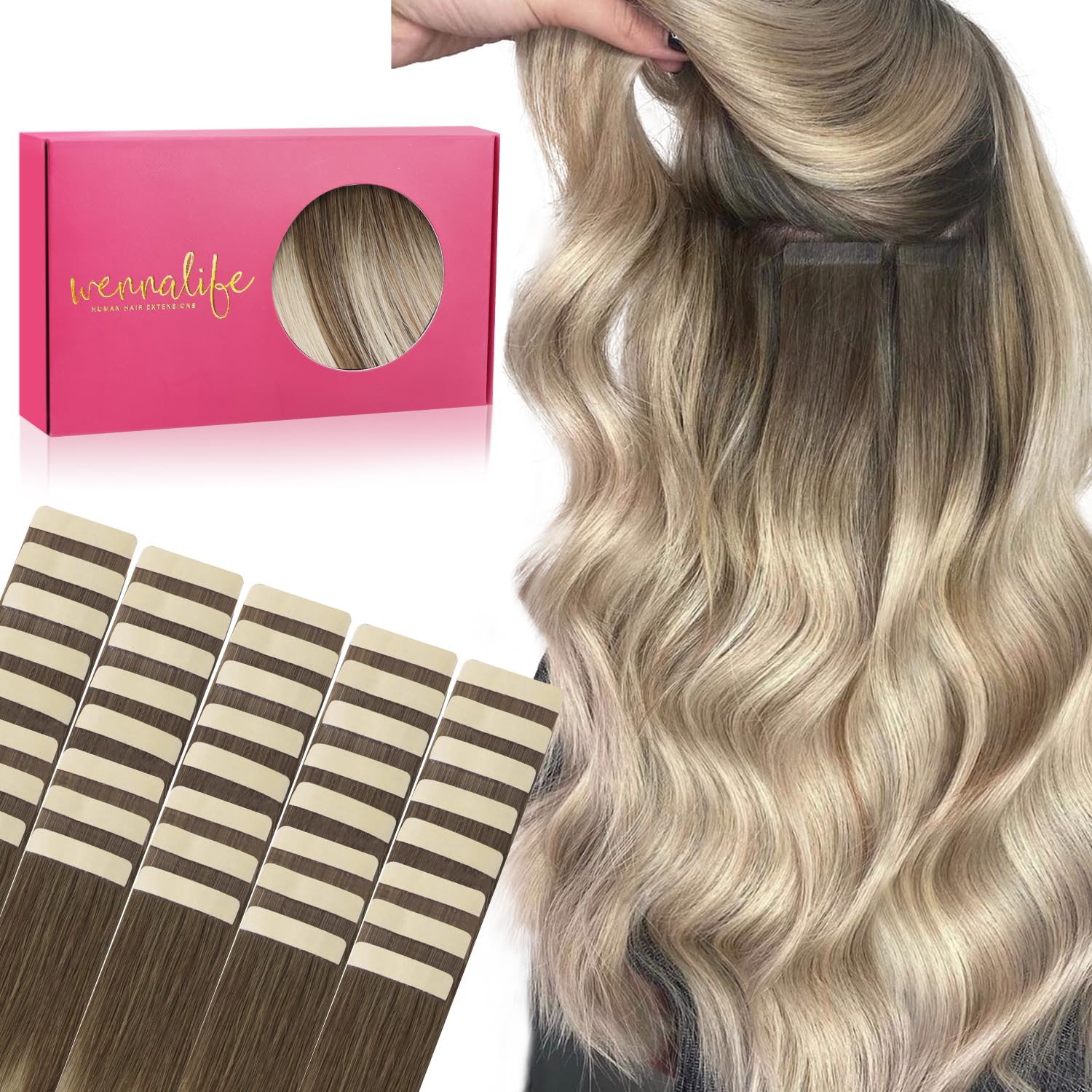 Wennalife Tape In Hair Extensions Human Hair, 40Pcs 80G 12 Inch Ombre Sandy Brown To Platinum Blonde Hair Extensions Real Human