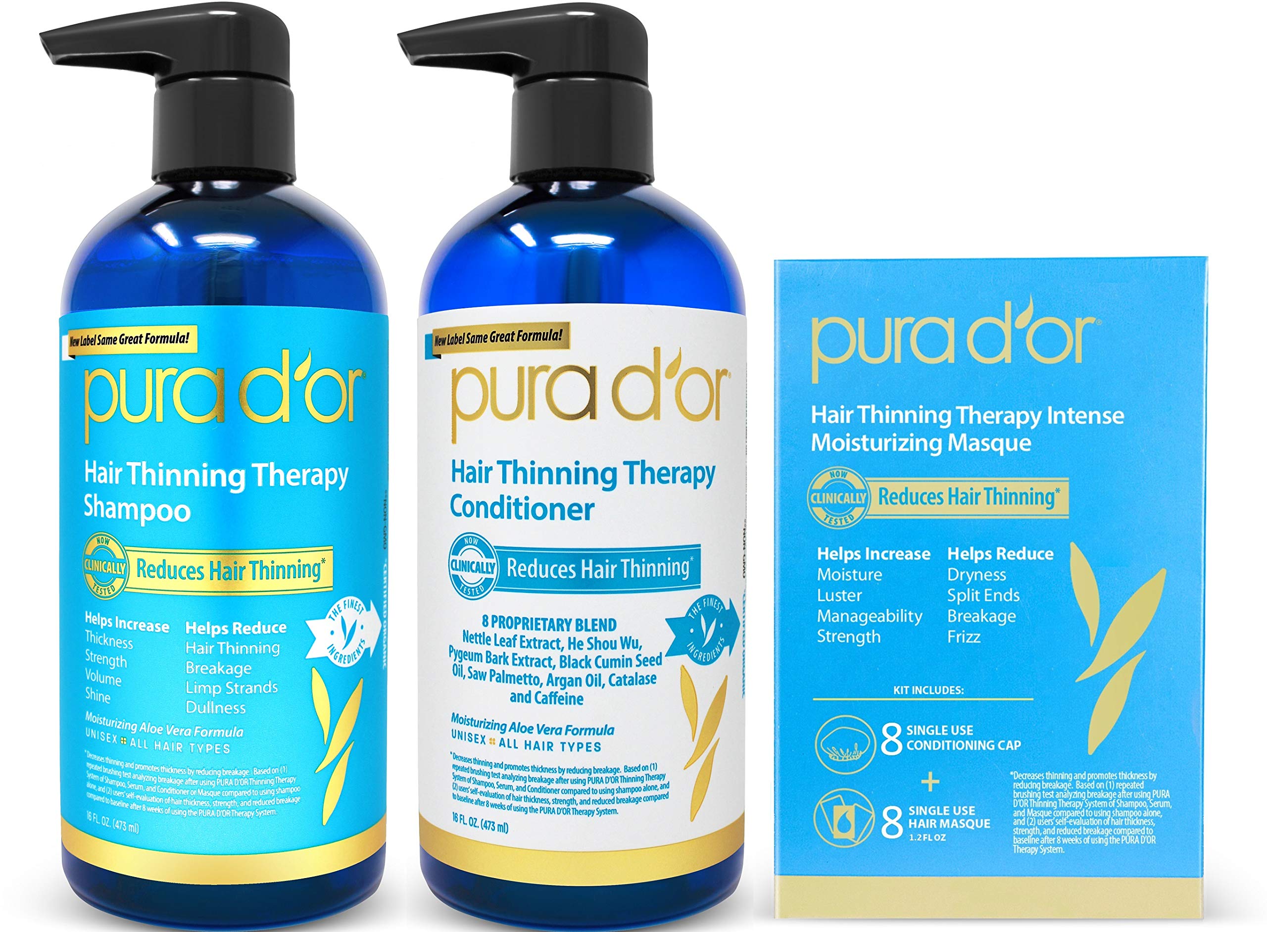 PURA D'OR Hair Thinning Therapy 3-Piece Set, Shampoo, Conditioner & Masque for Best Results, Infused with Argan Oil, Biotin & Na