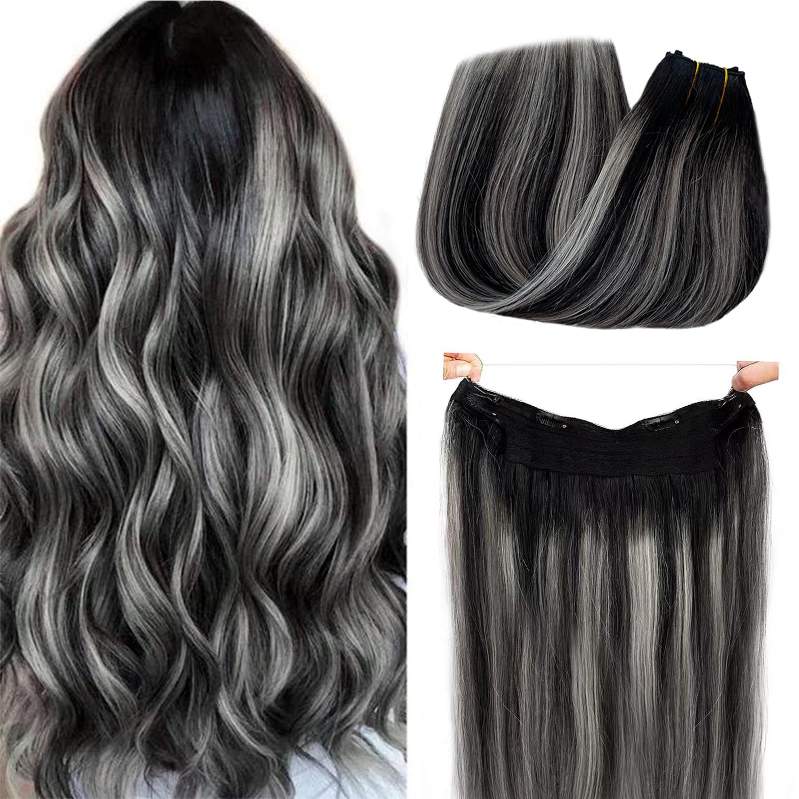 Halos Hair Extensions Real Human Hair Secret Hair Extensions Ombre Color Grey Halos Human Hair Extensions with Transparent Fish 