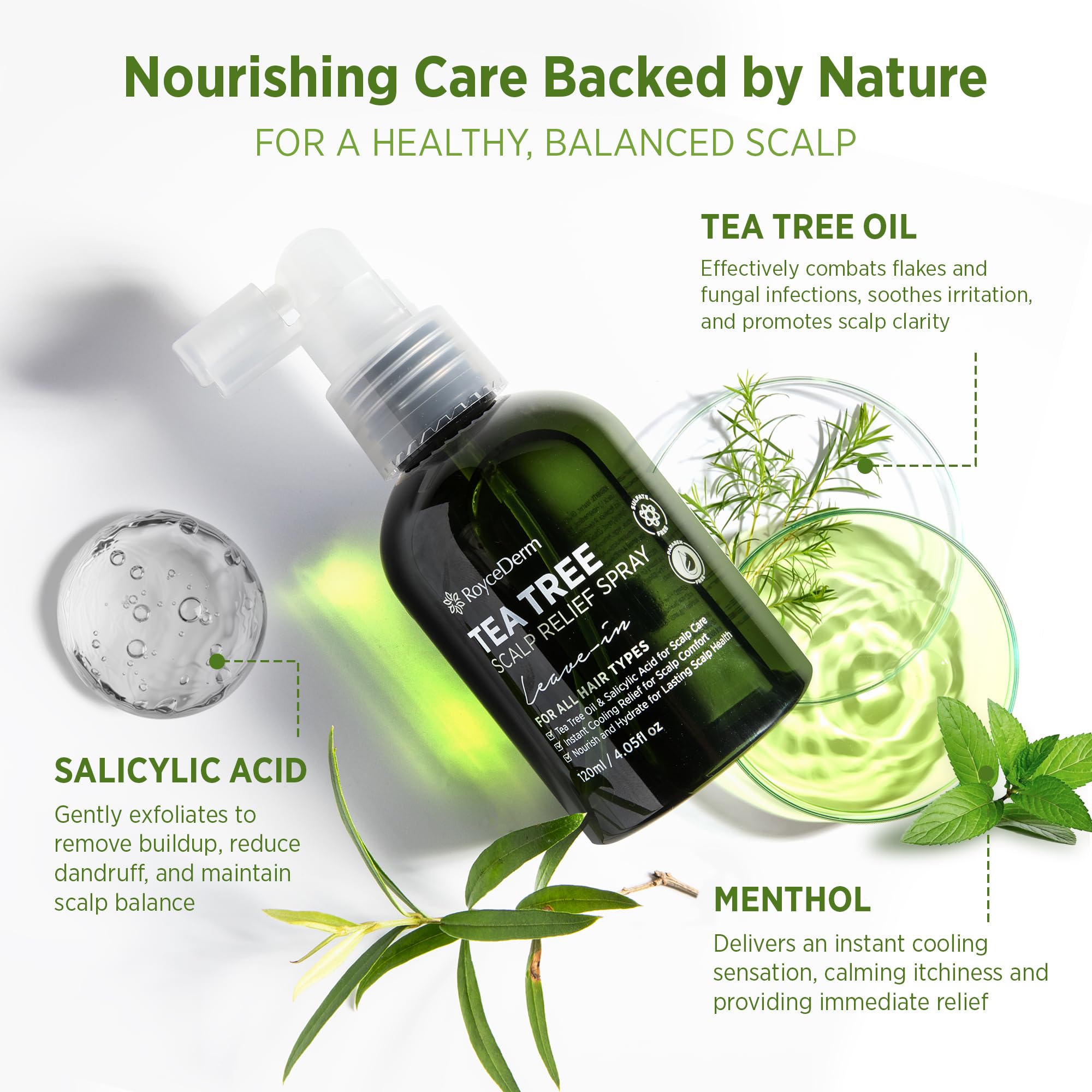 RoyceDerm Tea Tree Scalp Relief Spray: Leave-In Scalp Care for Dry, Flaky, and Itchy Scalp - Tea Tree Oil Formula for Comfort, H