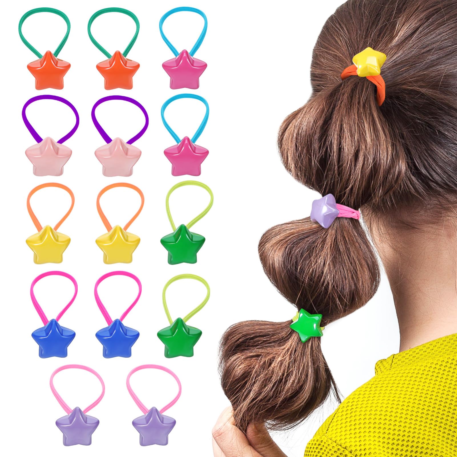 FOMIYES 14pcs Colorful Hair Ties with Star Charms, No Damage Elastic Hair Bands for Girls, Small Hair Elastics for Ponytail Hold