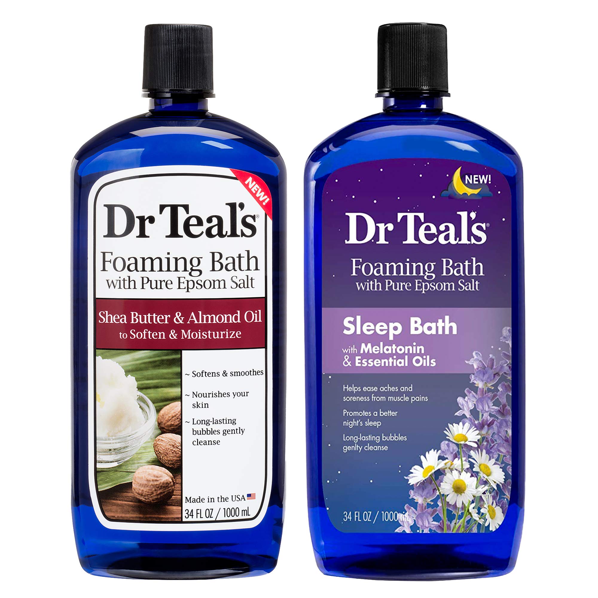 Dr. Teals Foaming Bath Variety Gift Set (2 Pack, 34Oz Ea) Shea Butter & Almond Oil, Melatonin Sleep Bath - Essential Oils Blende