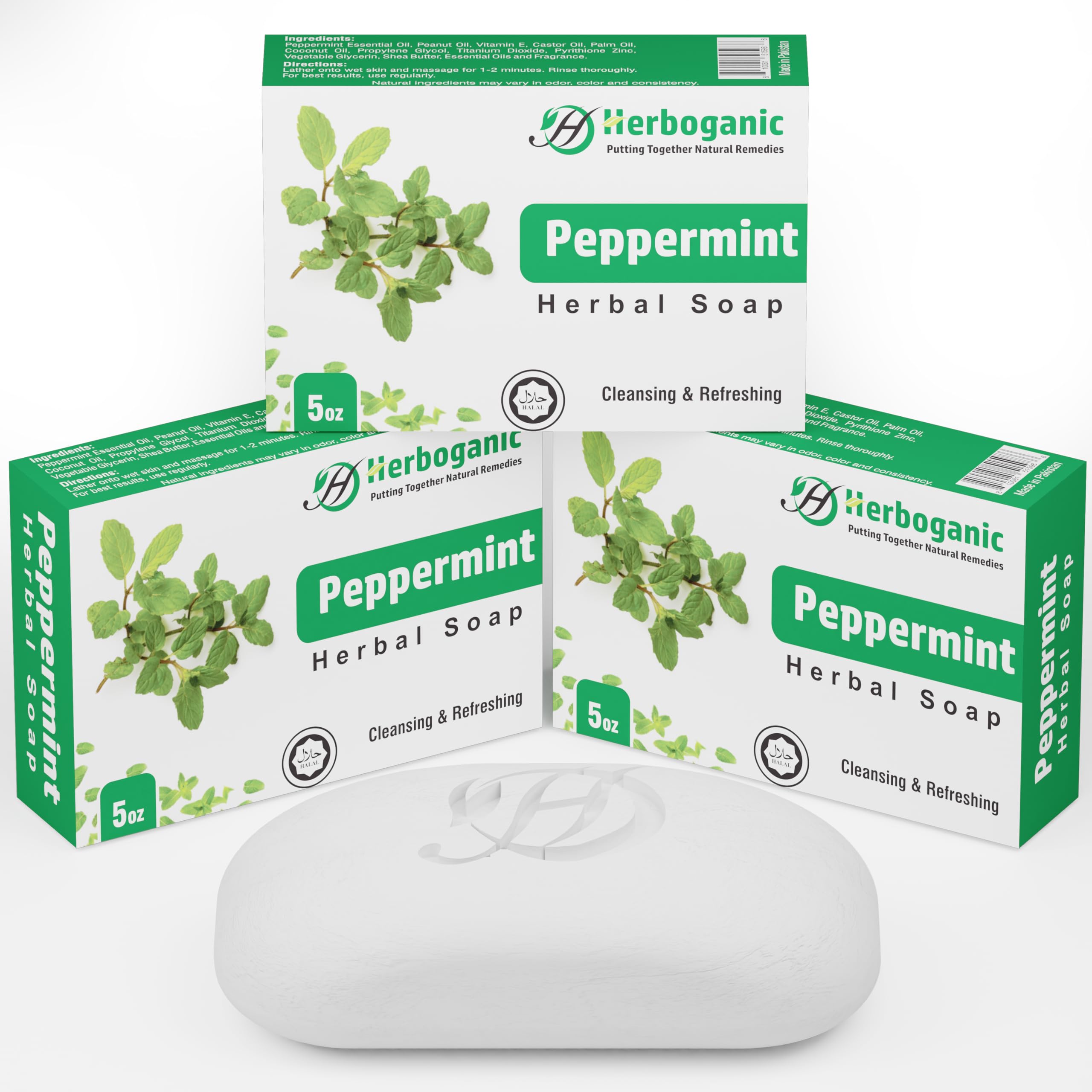 HERBOGANIC Peppermint Herbal Soap | Pack of 3 of 5oz soap Bar | Natural Bar Soap for Face and Body | Hydrating and Nourishing | 