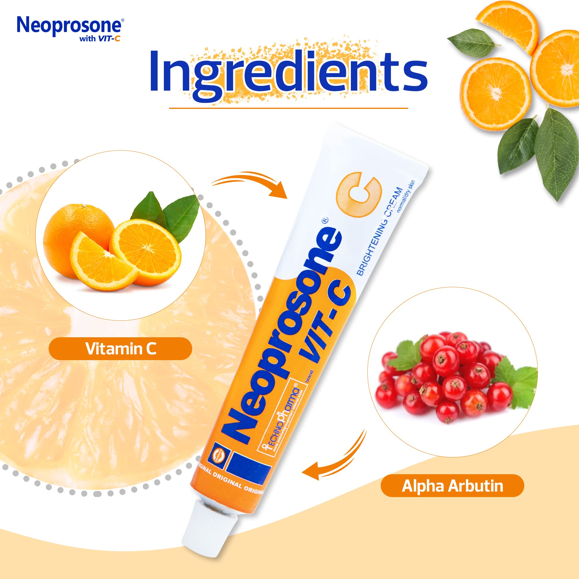 Neoprosone Skin Brightening Cream with Vitamin C & Alpha Arbutin, 1.7 Fl oz / 50 ml - Enhances Radiance & Even Skin Tone