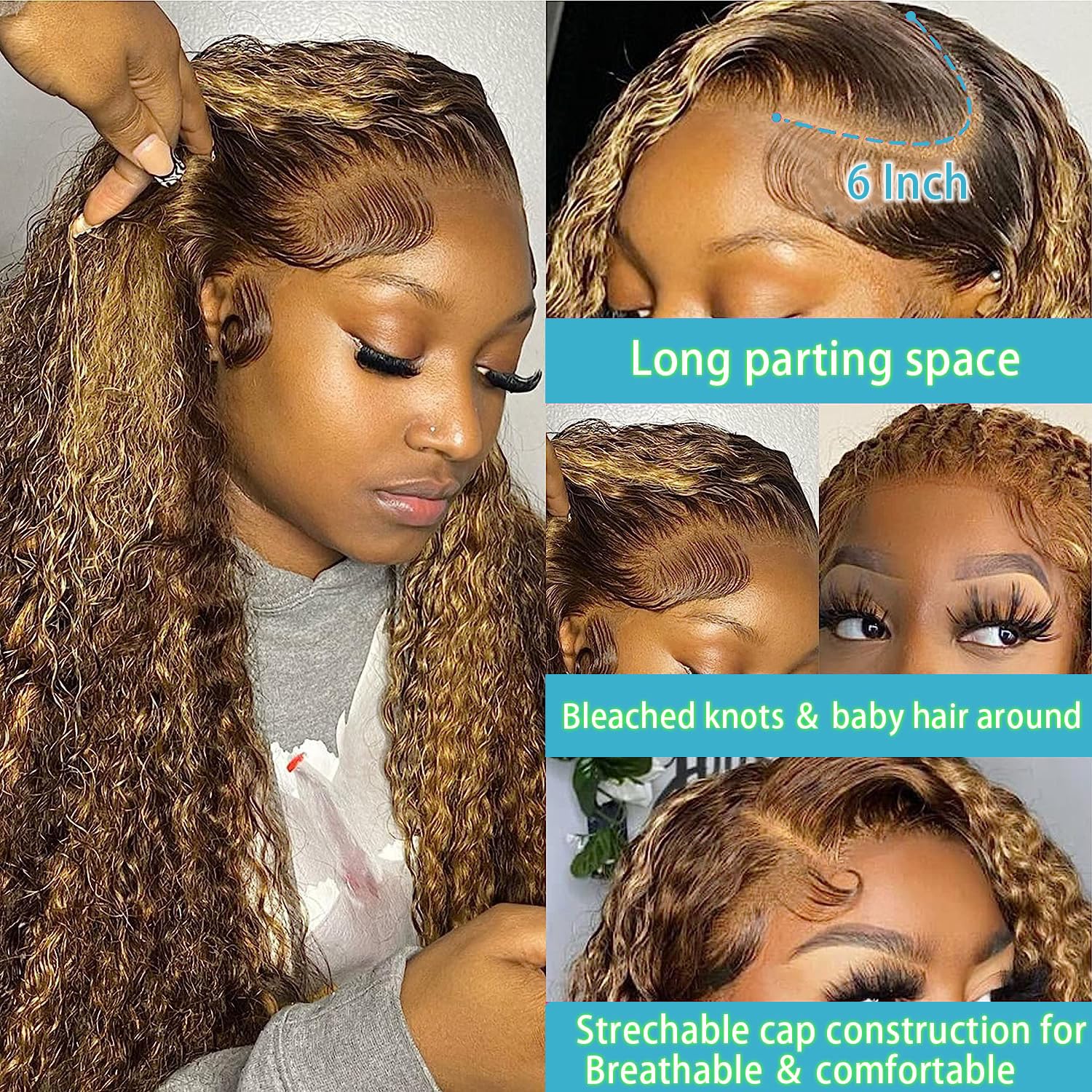 30-Inch Highlight Lace Front Wigs Human Hair 180% Density Deep Curly Ombre Honey Blonde 4/27 13X6 Hd Transparent Lace Front Wig