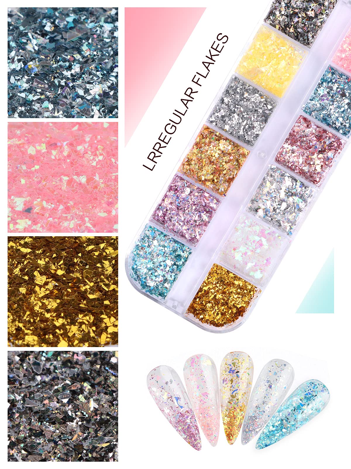 24 Grid Holographic Nail Art Foil Flakes, Ebanku Nail Foil Flakes Glitter Nail Sequins Confetti Gold Silver Irregular Glitter Mi