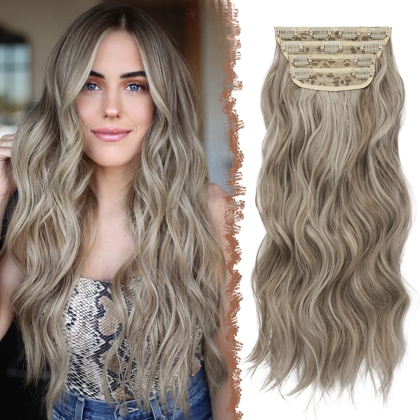 FESHFEN Clip in Hair Extensions - 4 PCS Long Wavy Thick Highlighted Clip in Hairpieces Full Head Synthetic Hair Extension for Wo