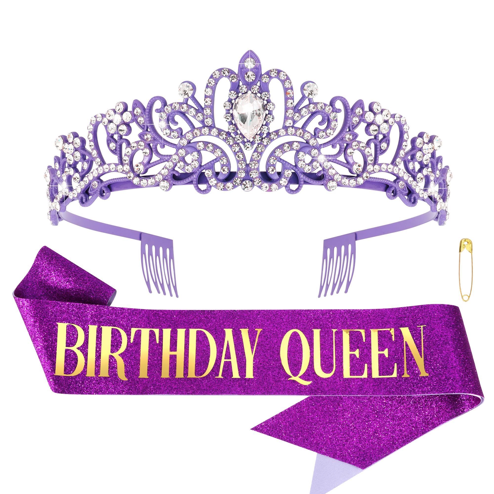 COCIDE Birthday Sash for Women Happy Birthday Crown Tiaras for Women Queen Princess Headband for Party Purple & Gold Decoration 