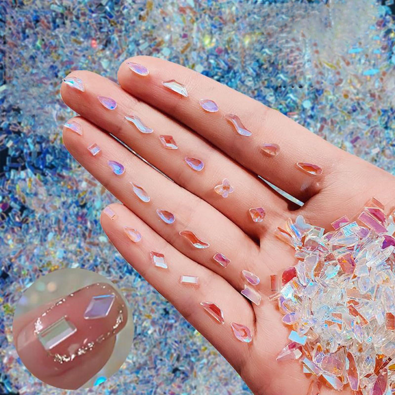 200Pcs Aurora Nail Art Rhinestones Multi Shapes Mix 3D Glass Crystal Nail Gems Nail Charms Craft Heart Bear Star Irregular Iride