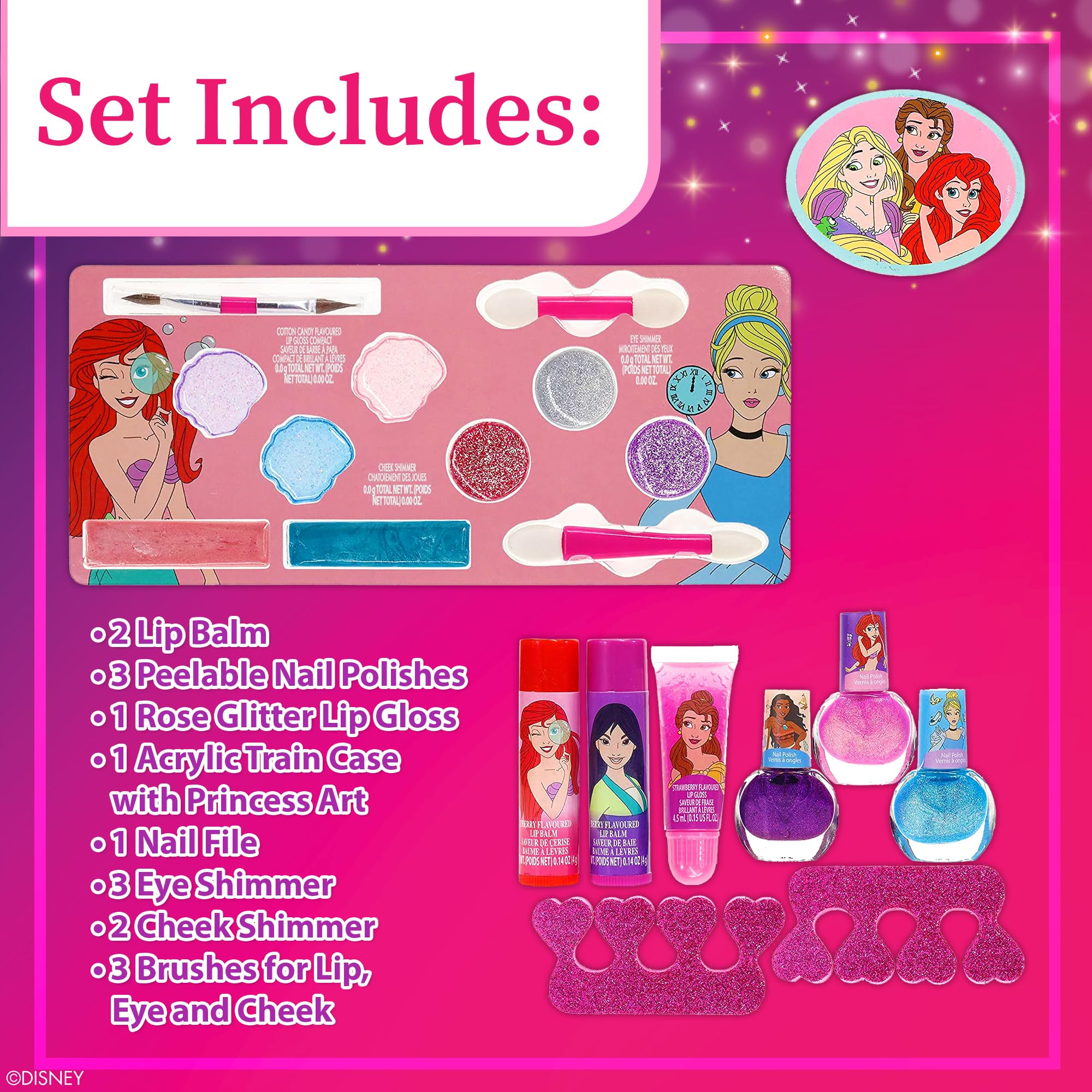 Disney Princess Train Case Girls Beauty Set, Kids Makeup Kit for Girls, Real Washable Toy Makeup Set, Play Makeup, Pretend Play,