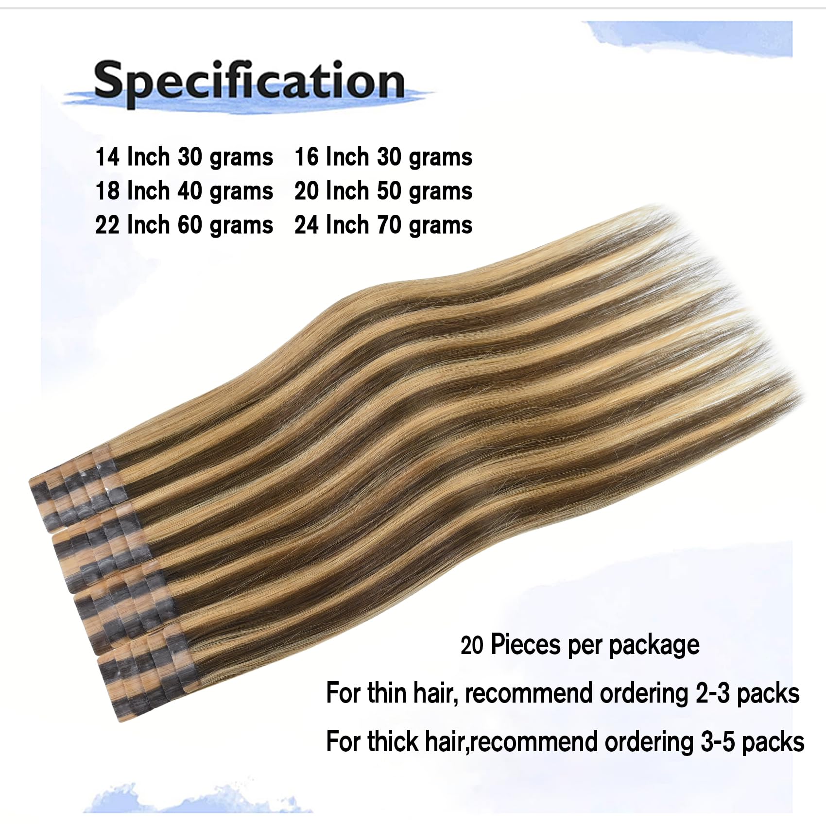 Aison Medium Brown/Dark Blonde Tape in Hair Extensions Human Hair 100% Remy Human Hair Extensions Straight 20 Pcs/Package 14Inch