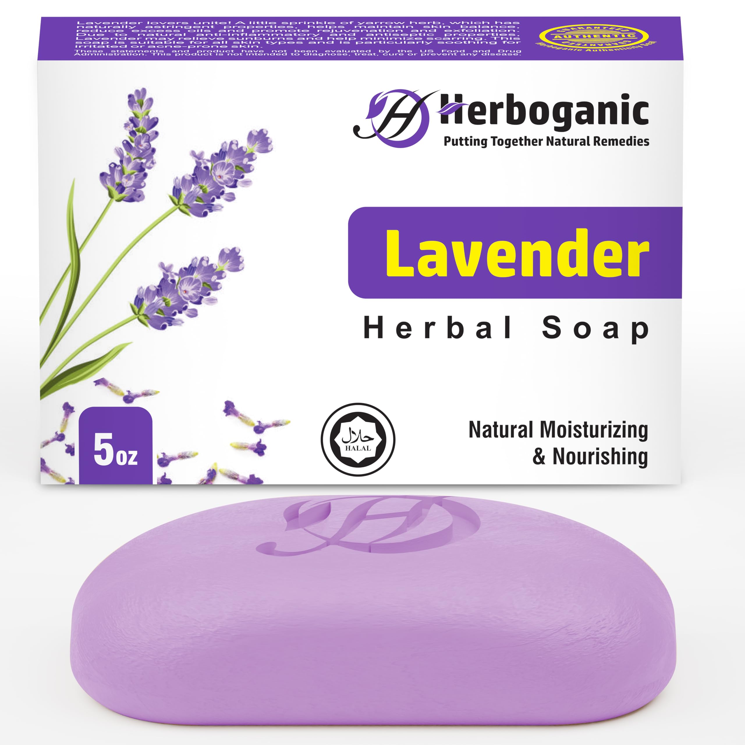 HERBOGANIC Lavender Natural Soap Bar - Gentle Cleansing for Face & Body - Infused with Soothing Lavender - For Men & Women - 5 O
