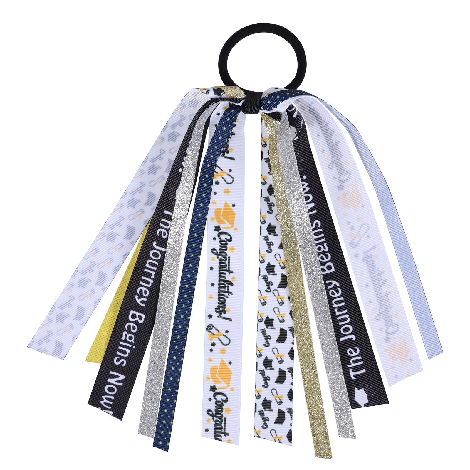 Happy Graduation Ponytail Streamer,Glitter Black Gold Ribbon Hair Tie,Elastic Pony Holder Bow,Graduation Hair Accessories for Gi