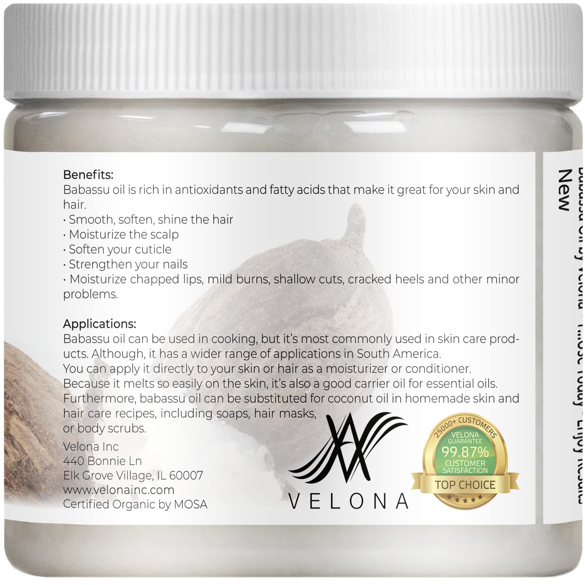 Velona Babassu Oil Usda Certified Organic - 16 Oz | 100% Pure And Natural Carrier Oil | Refined, Cold Pressed | Face, Hair, Body
