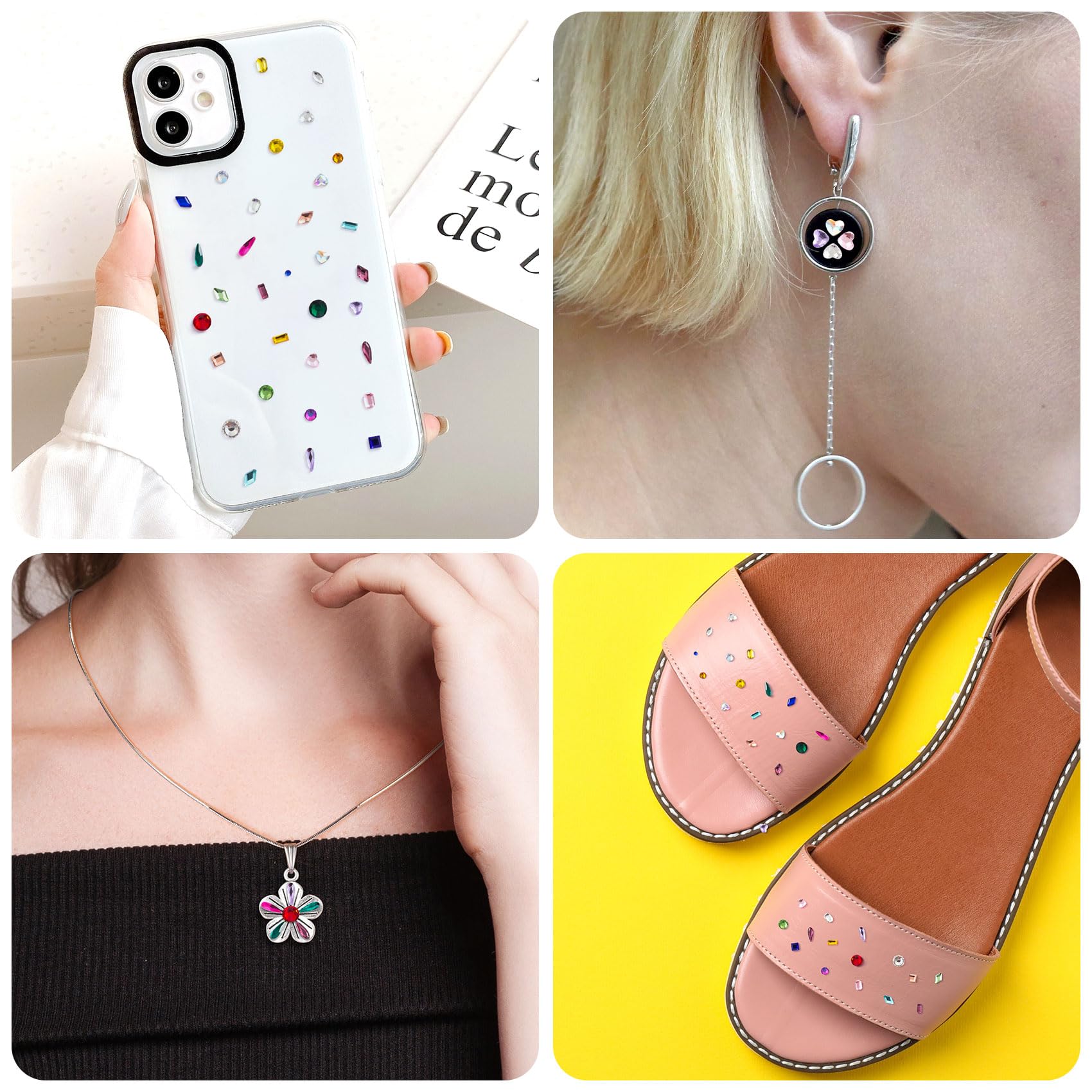 Hinzic 280Pcs Colorful Nail Rhinestones Random Style Heart Round Geometric Flatback Small Crystal Gems Face Clothes Shoes Jewels