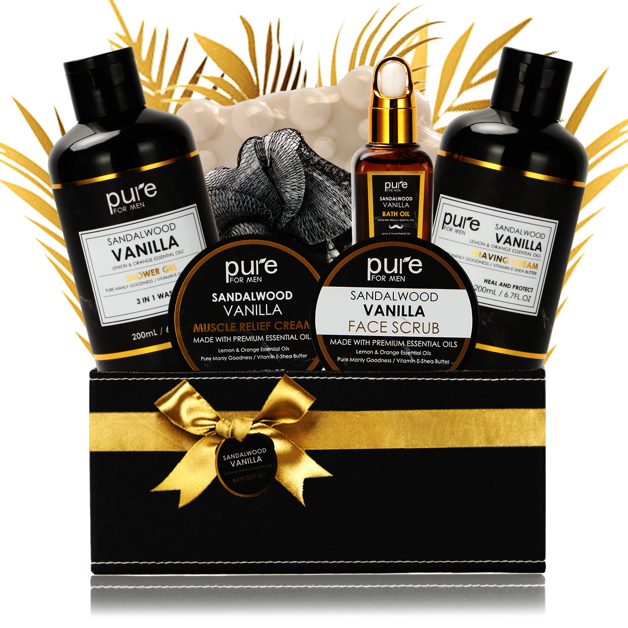Pure Mens Bath And Body Gift Set. 7 Pc Natural Spa Gift Basket For Men. Spa Gift Set Is #1 Ideal Gift For Men That Care About Th