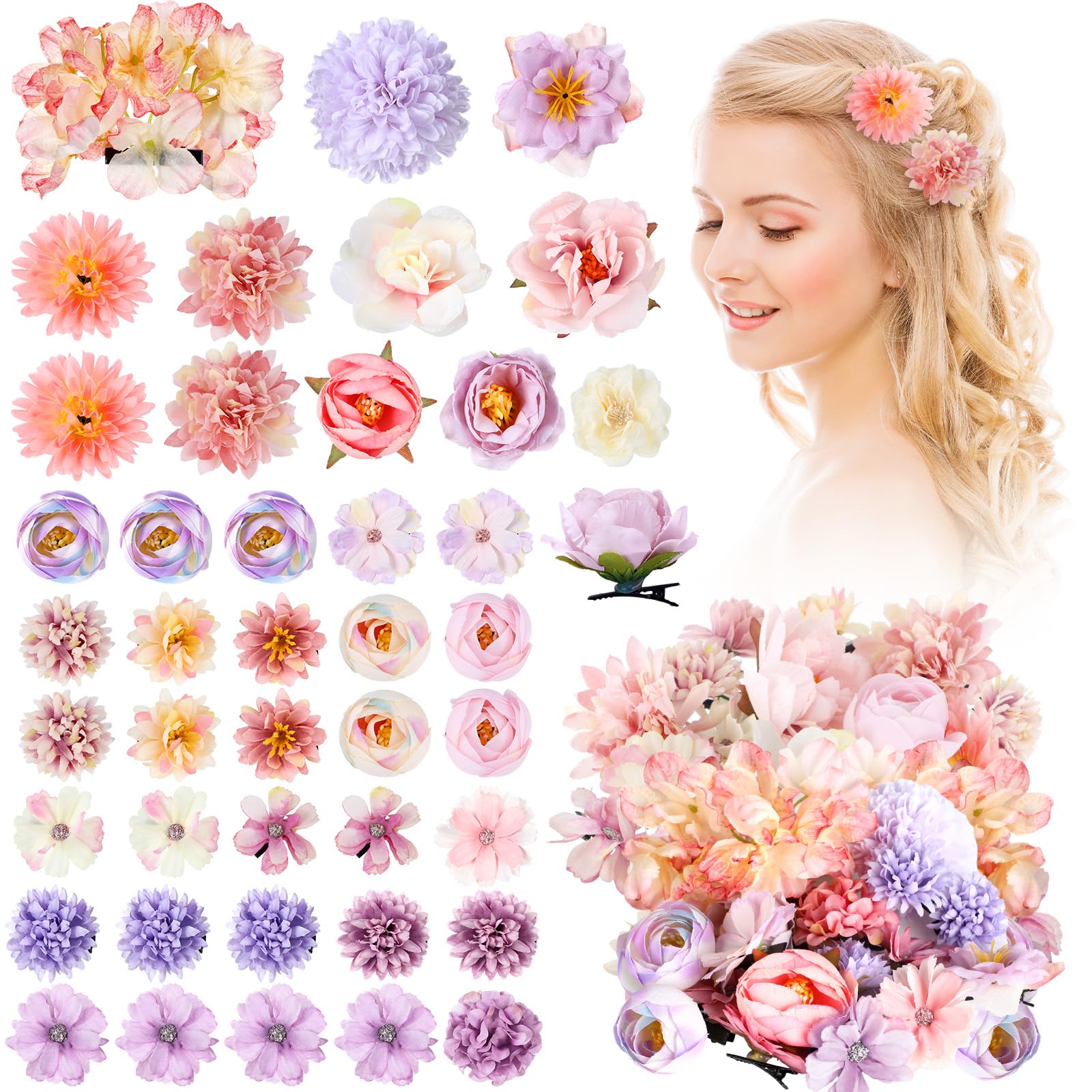 BBTO 42 Pcs Flower Hair Clip Rose Hair Clips Barrettes for Women Flower Accessories Boho Bride Claw Clip Hairpin Brooch Pin Head