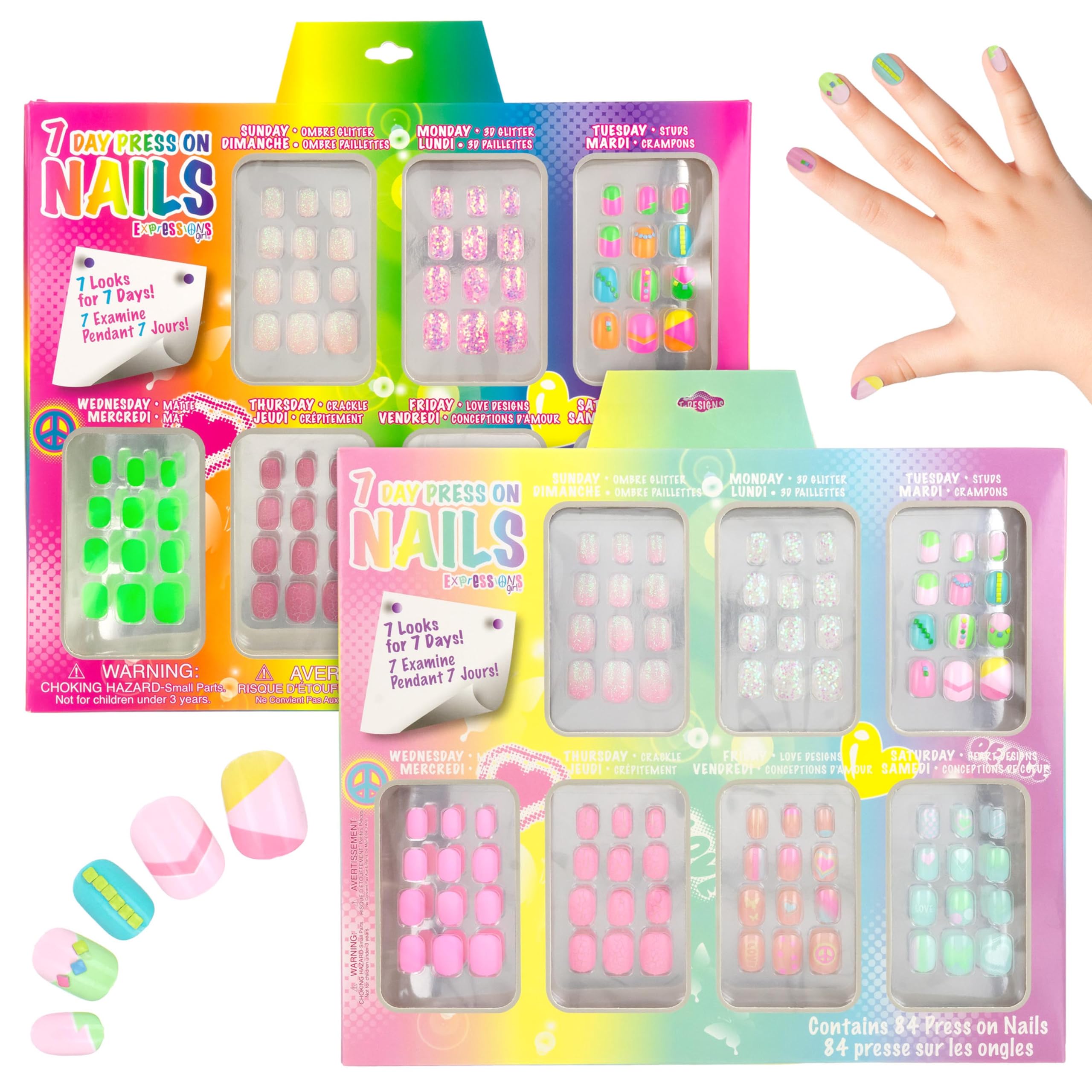 Expressions Girl 7 Day Manicure Collection - 84PC Press On Nail Set, Day-of-The-Week Adhesive False Nails for Girls (Set of Brig