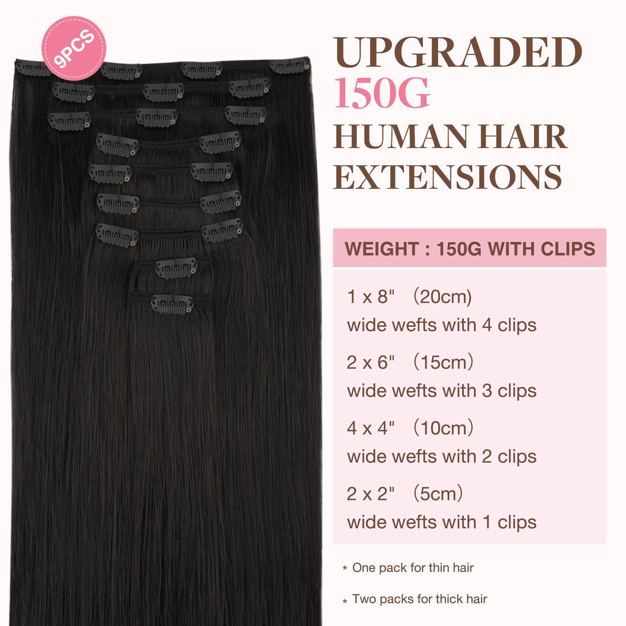 Goo Goo Clip In Hair Extensions Real Human Hair, 18Inch 150G 9Pcs, 1B Natural Black, Remy Human Hair Extensions Clip Ins For Wom