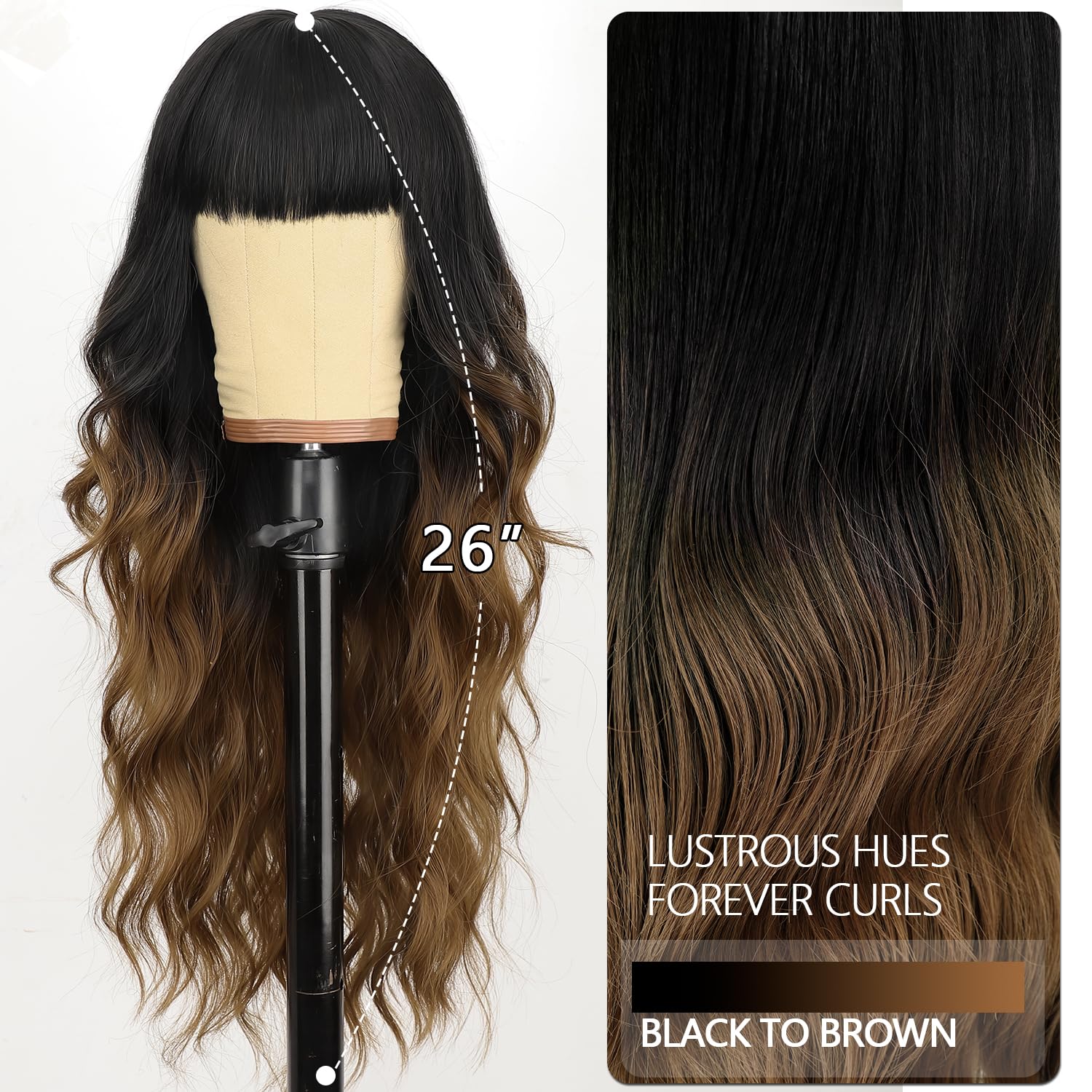 Aisi Hair Black To Brown Wig With Bangs Long Wavy Synthetic Wig For Women With Daily Party Use