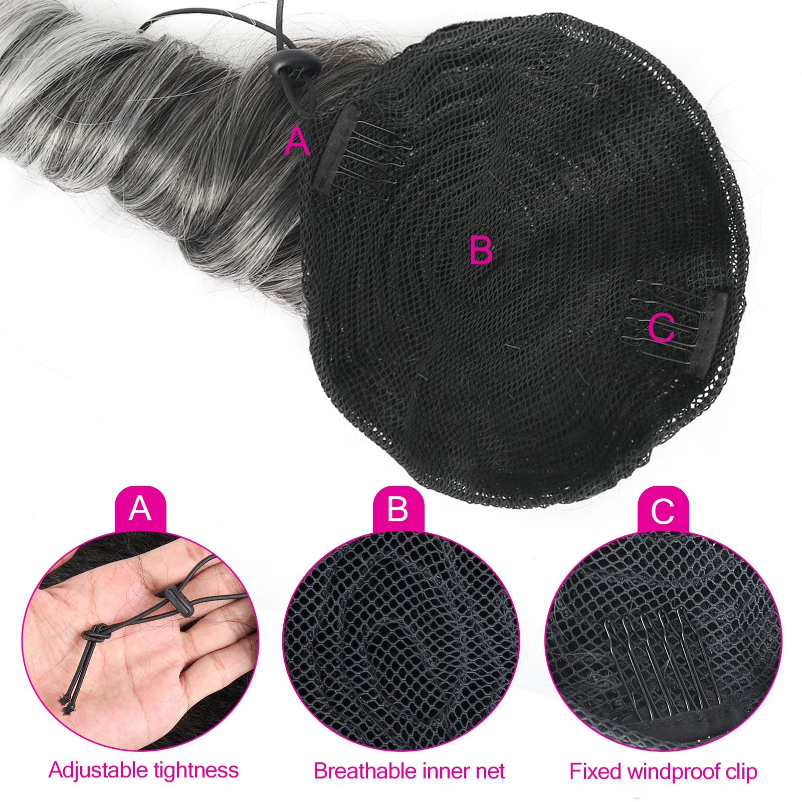 Silver Grey Ponytail Extension For Black Women Synthetic Salt & Pepper Ponytail Spiral Curly Drawstring Pony Tails, Oseti 14Inch