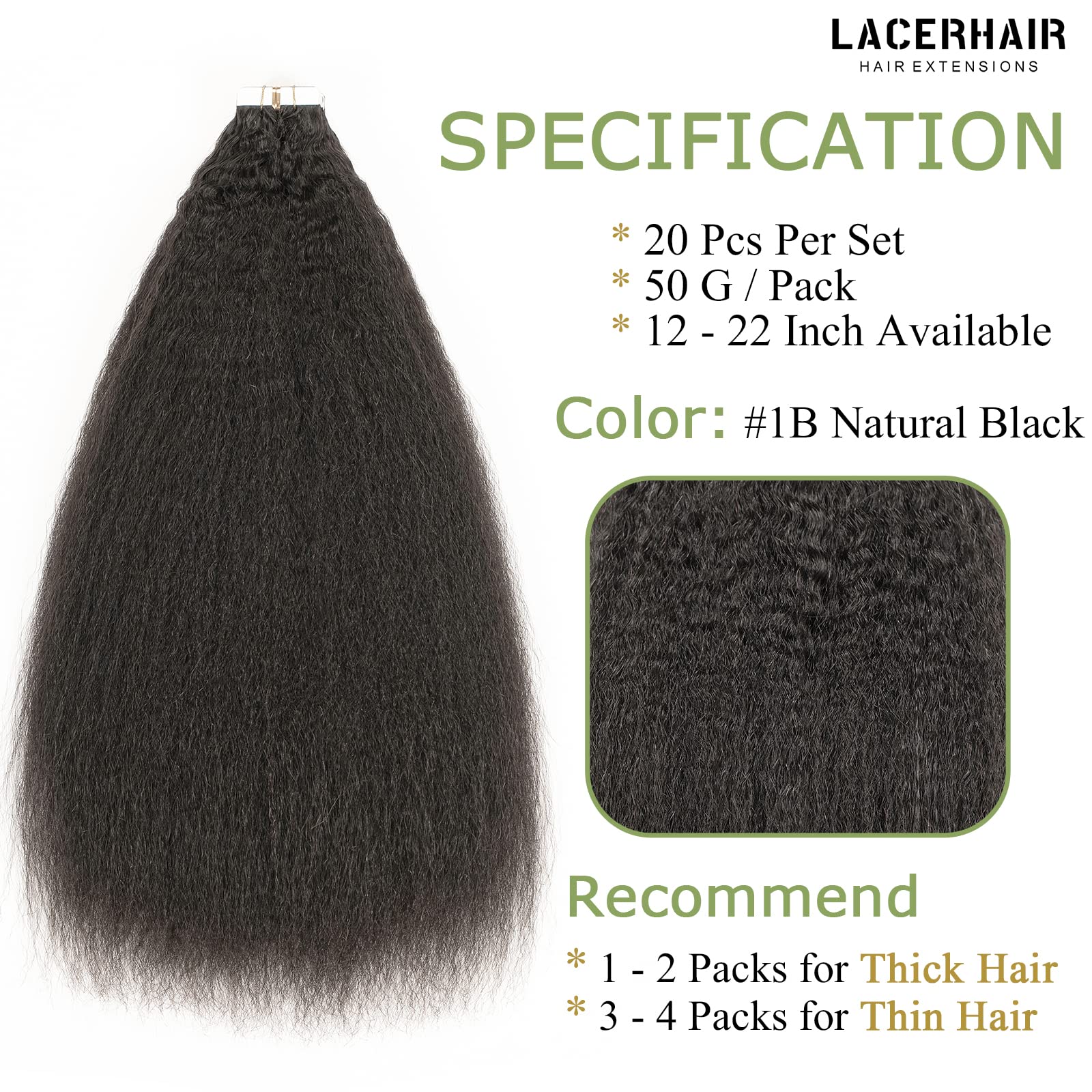 Lacer Best Kinky Straight Tape In Hair Extensions Human Hair Natural Black 16Inch Tape Ins Human Hair 4C Kinky Straight Soft Sea