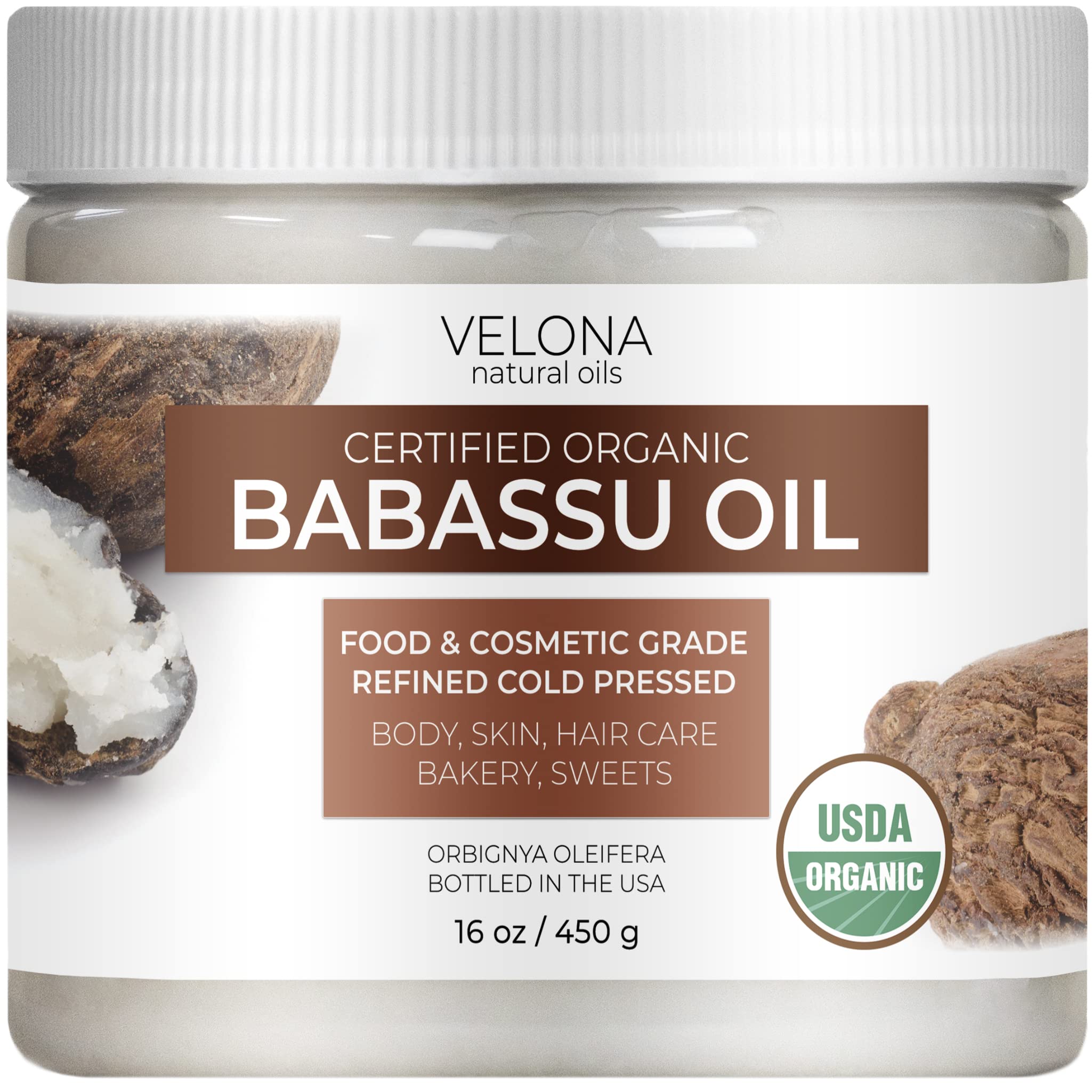 velona Babassu Oil USDA Certified Organic - 16 oz | 100% Pure and Natural Carrier Oil | Refined, Cold Pressed | Face, Hair, Body