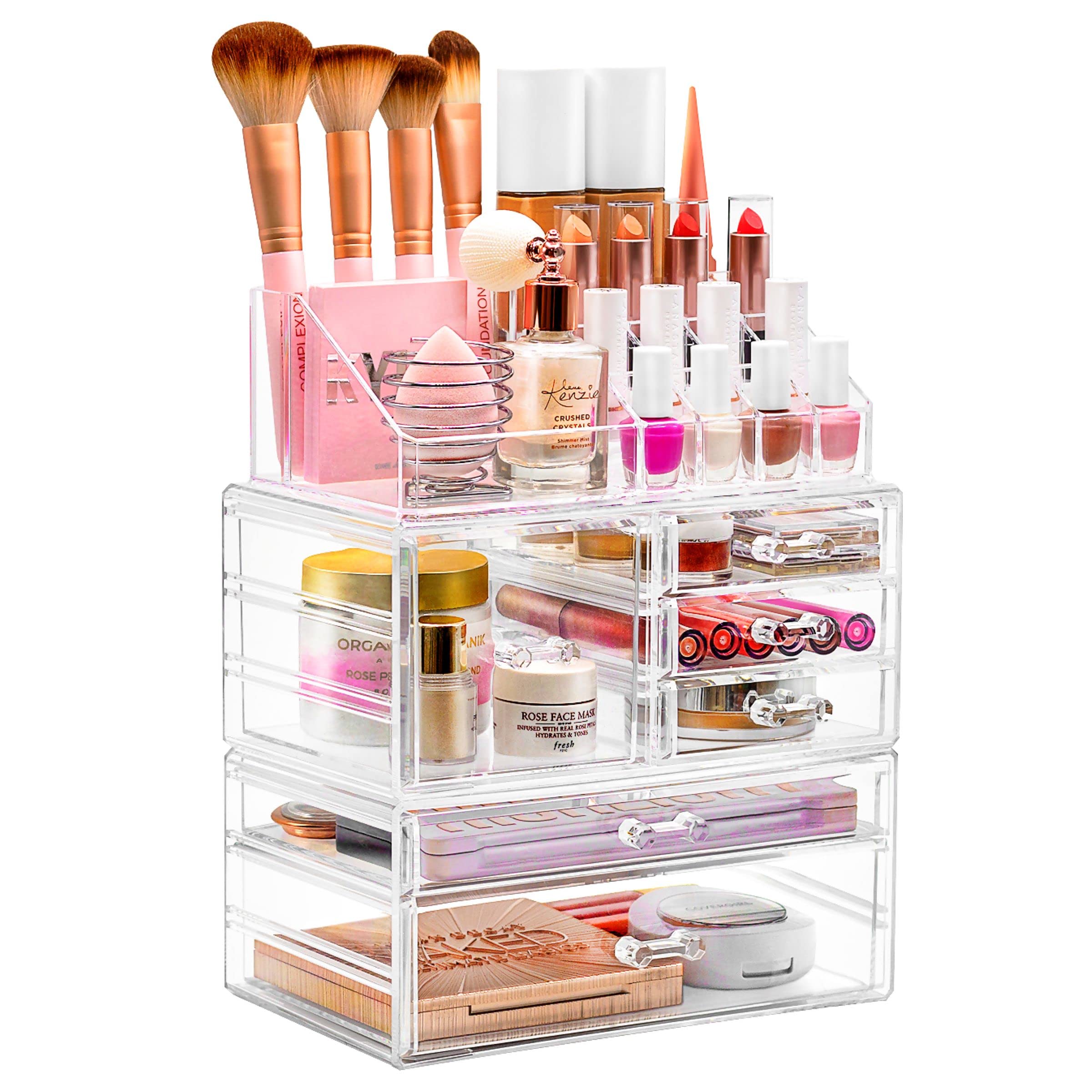 Sorbus Large Clear Makeup Organizer - Detachable 3-Piece Jewelry & Make Up Organizers And Storage Set - Spacious Cosmetic Displa