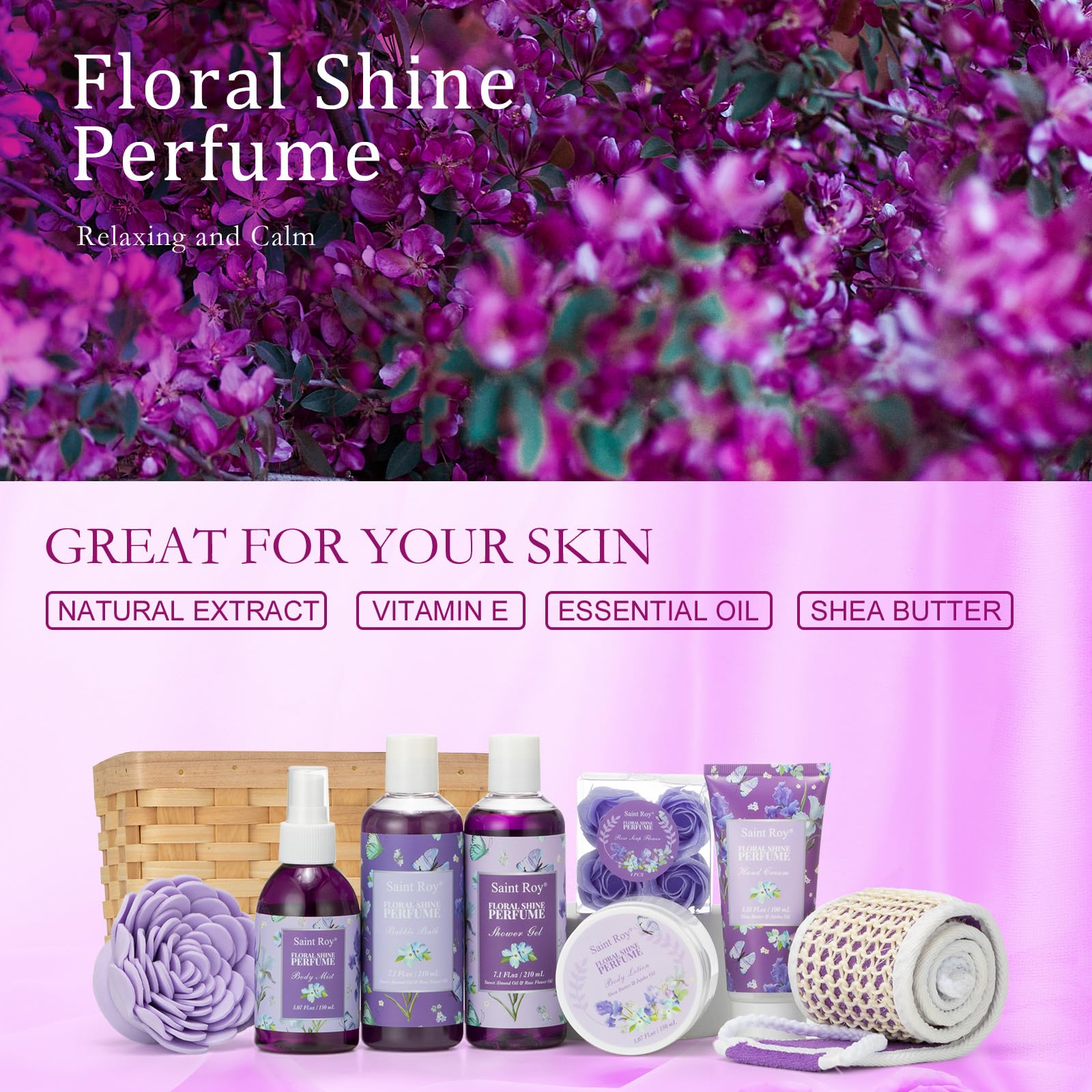Gift Basket For Women, Luxury 11Pcs Floral Perfume Scents Bath And Body Home Spa Gift Kit With Bubble Bath, Body Lotion, Relaxin