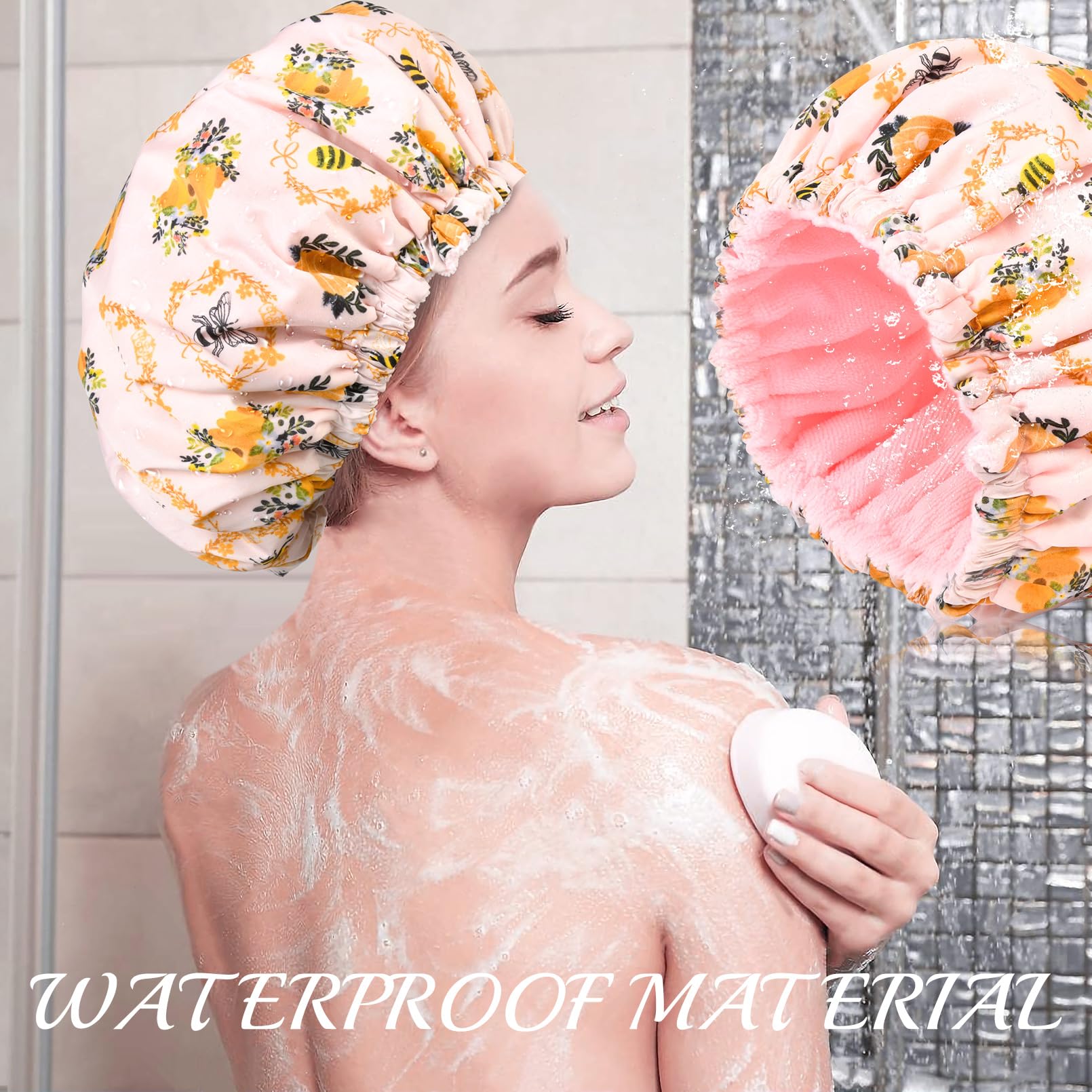 Shower Cap For Women Terry Lined Bee Bath Cap Large Reusable Waterproof Elastic Band Beekeeper Shower Caps For Long Thick Hair S