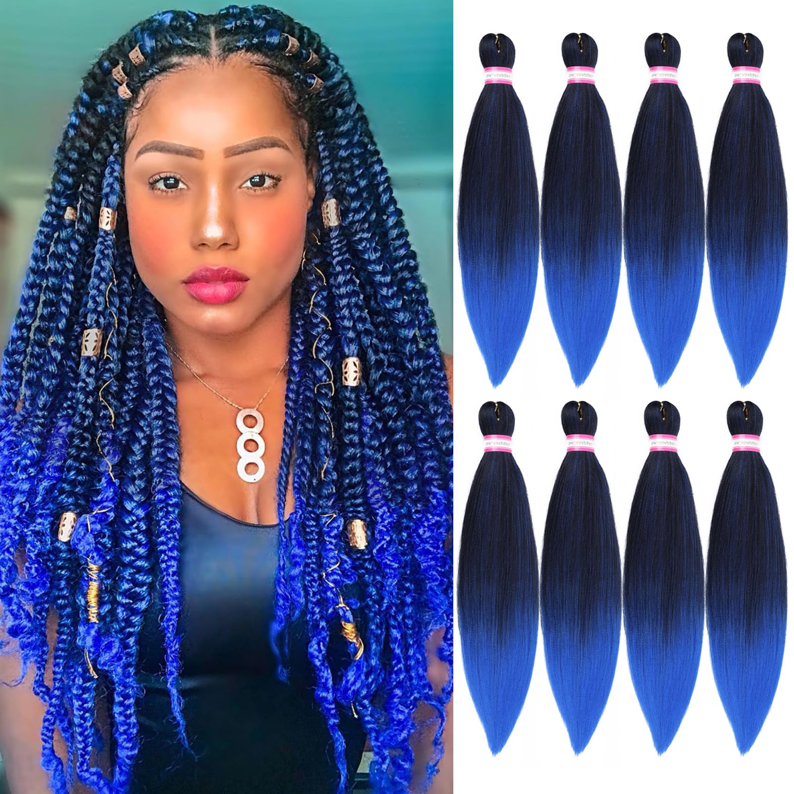 Dorsanee Ombre Blue Braiding Hair Pre Stretched 20 Inch 8 Packs Braiding Hair Extensions For Crochet Box Braids Twists Locs Hair