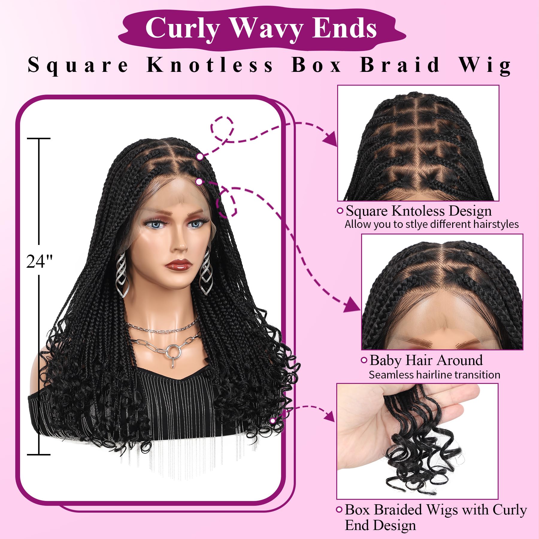 Kalyss 13X8 Hd Lace Front Braided Wigs With Curly Ends For Women Knotless Braided Wigs With Baby Hair Black Braided Wig Human Ha
