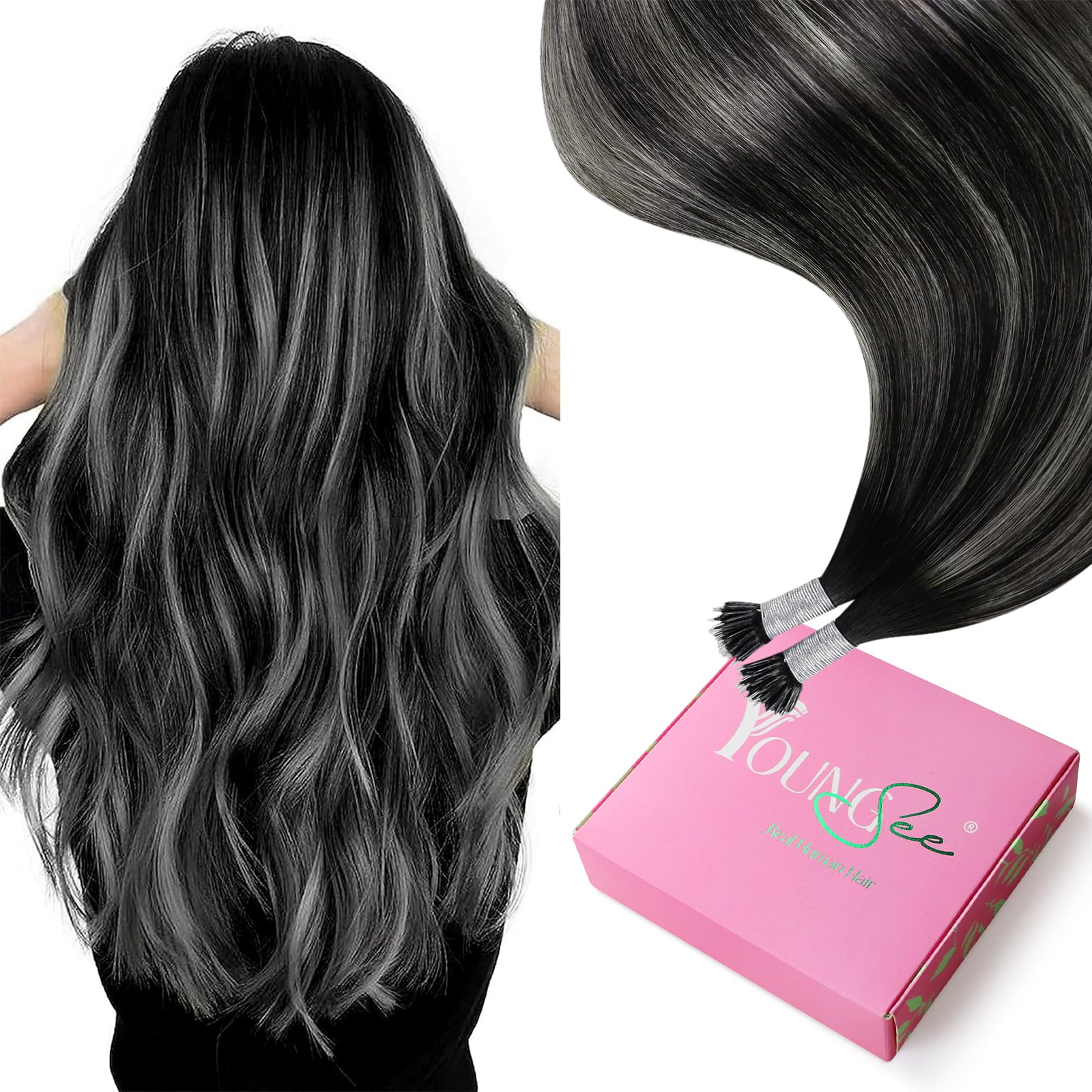 YoungSee Nano Ring Hair Extensions Human Hair Black Ombre Nano Hair Extensions Ombre Black to Silver Nano-Loop Remy Hair Extensi
