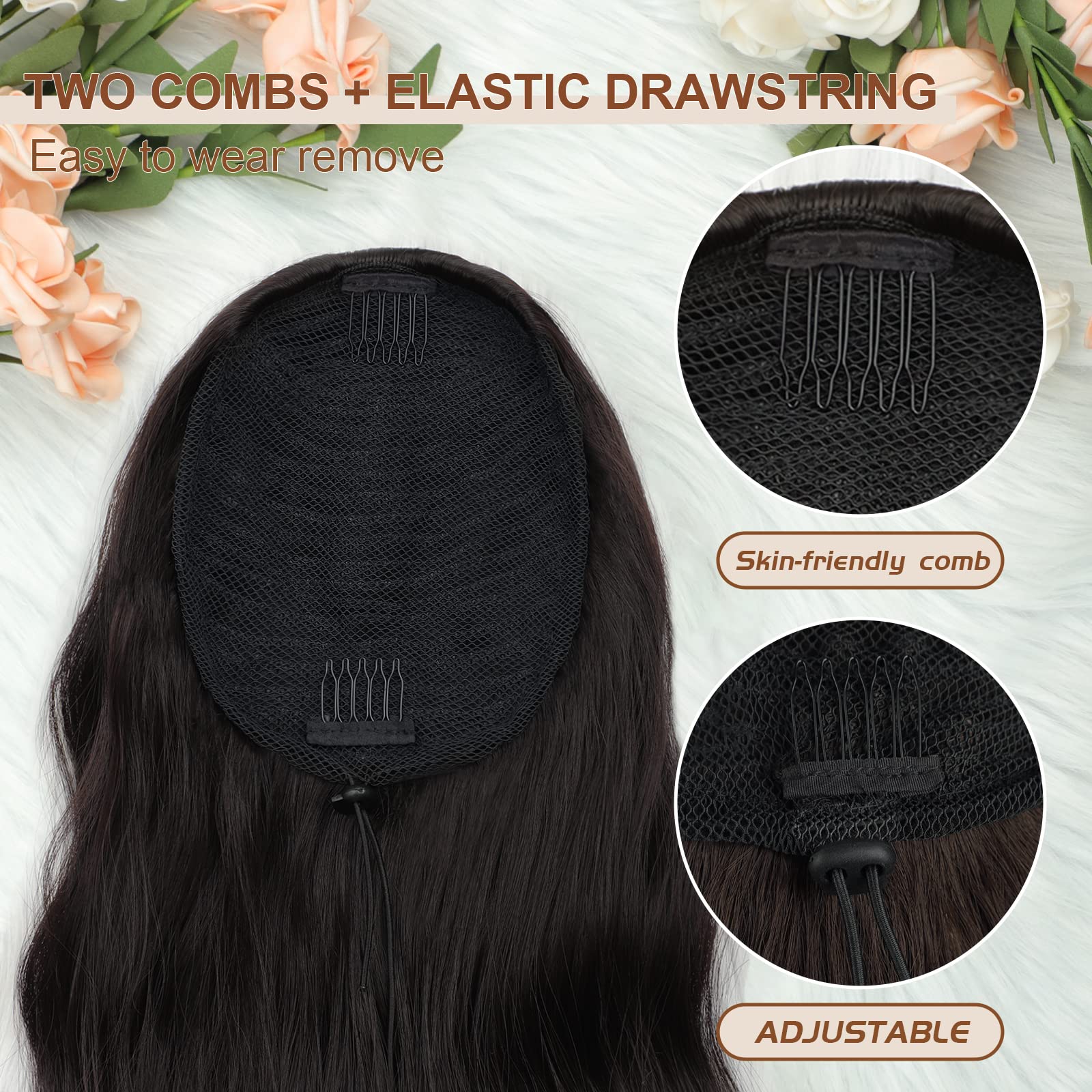 Freemeige Black Drawstring Ponytail Extension Long Wavy Ponytail Extension For Women Pony Tail Hair Extension Clip In Pony Tail