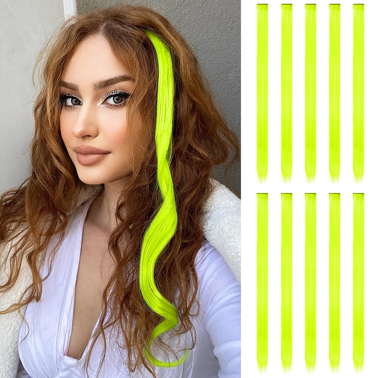 Feshfen Colored Hair Extensions, Yellow Neon Clip In Hair Extension 10 Pcs Highlight Colorful Hair Piece Straight Synthetic Clip