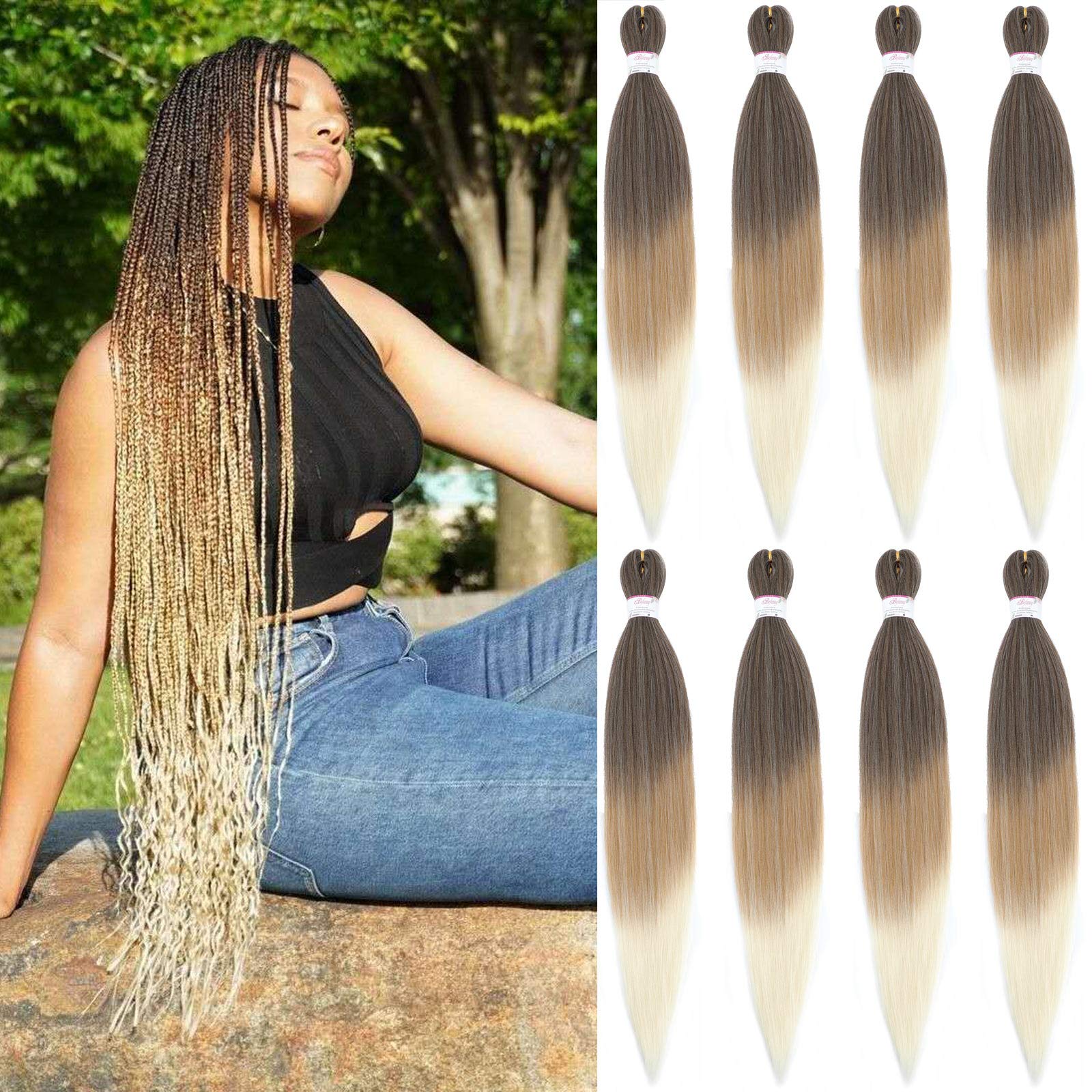Pre Stretched Braiding Hair 24 Inch 8 Packs Prestretched Braiding Hair Bundles Long Brown/Blonde/White Three Tone Synthetic Croc