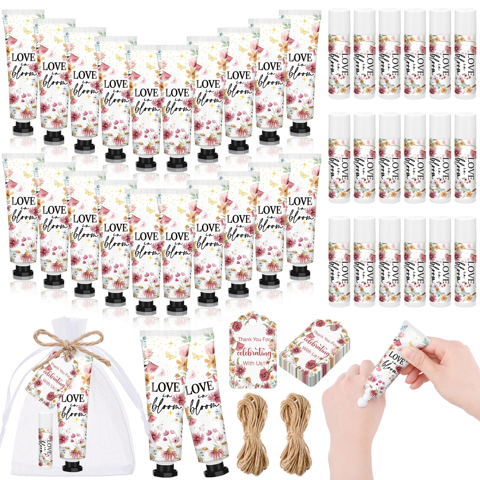 Dansib 24 Sets Love Is in Blooming Hand Cream and Lip Balm Gift Pink Floral Wildflower Bridal Shower Favors for Guest Travel Siz