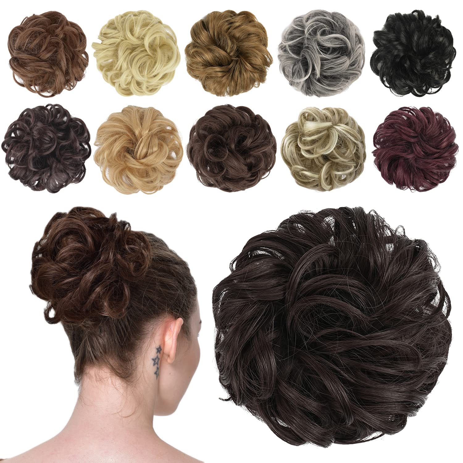 FESHFEN Messy Bun Hair Piece Hair Bun Scrunchies Synthetic Medium Brown Wavy Curly Chignon Ponytail Hair Extensions Thick Updo H