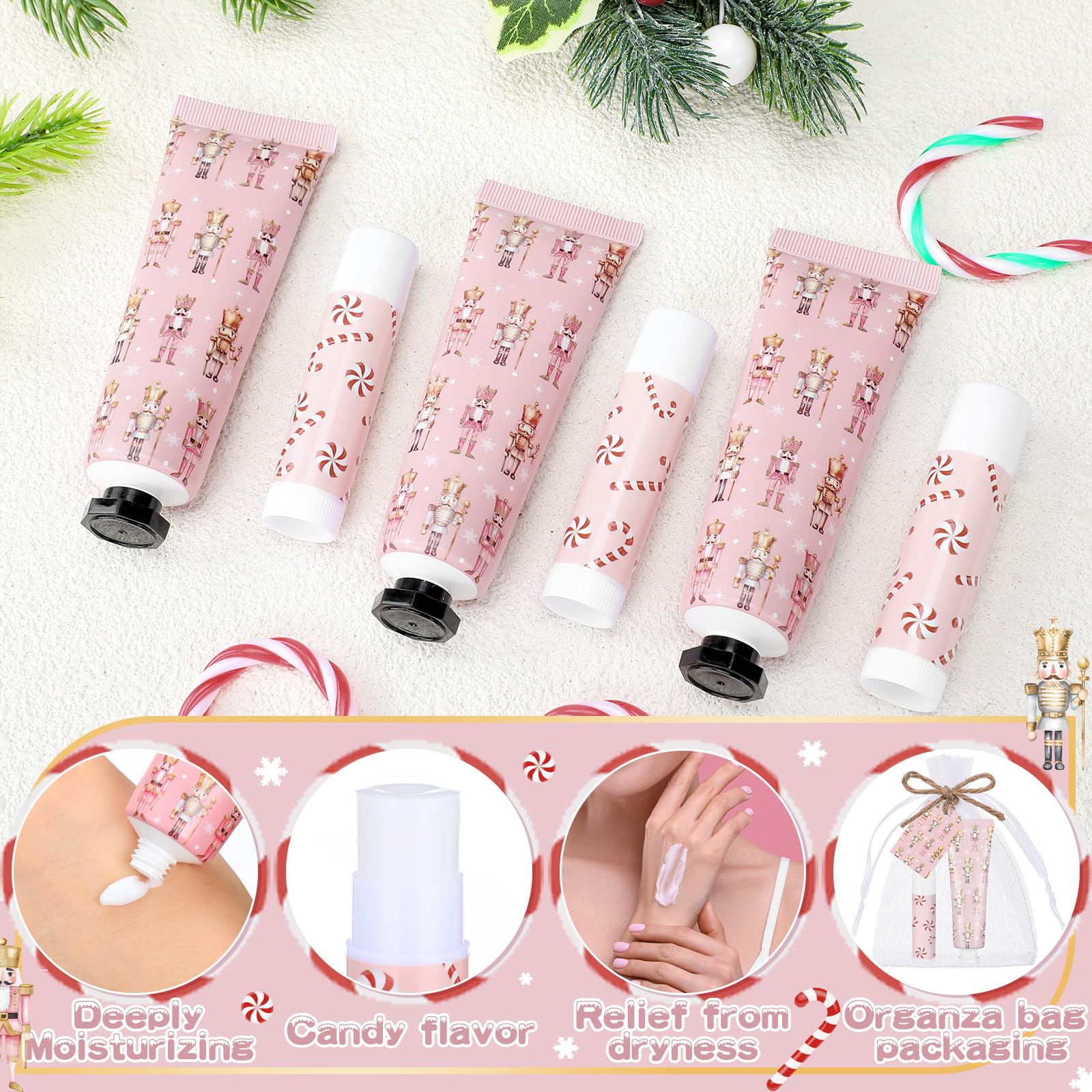 Dansib 24 Sets Christmas Pink Nutcracker Hand Cream and Candy Lip Balm Gift Christmas Party Favors Travel Size Hand Lotion and L