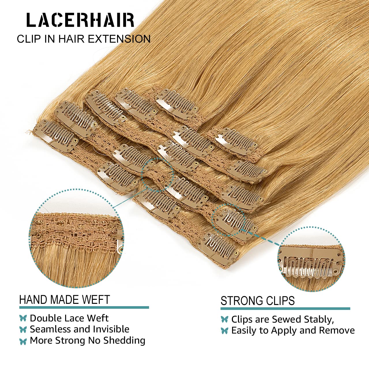 Lacer Hair Straight Hair Clip In Extensions Strawberry Blond 120G 7 Pieces Per Set Grade Quality Silky Straight Double Real Hair